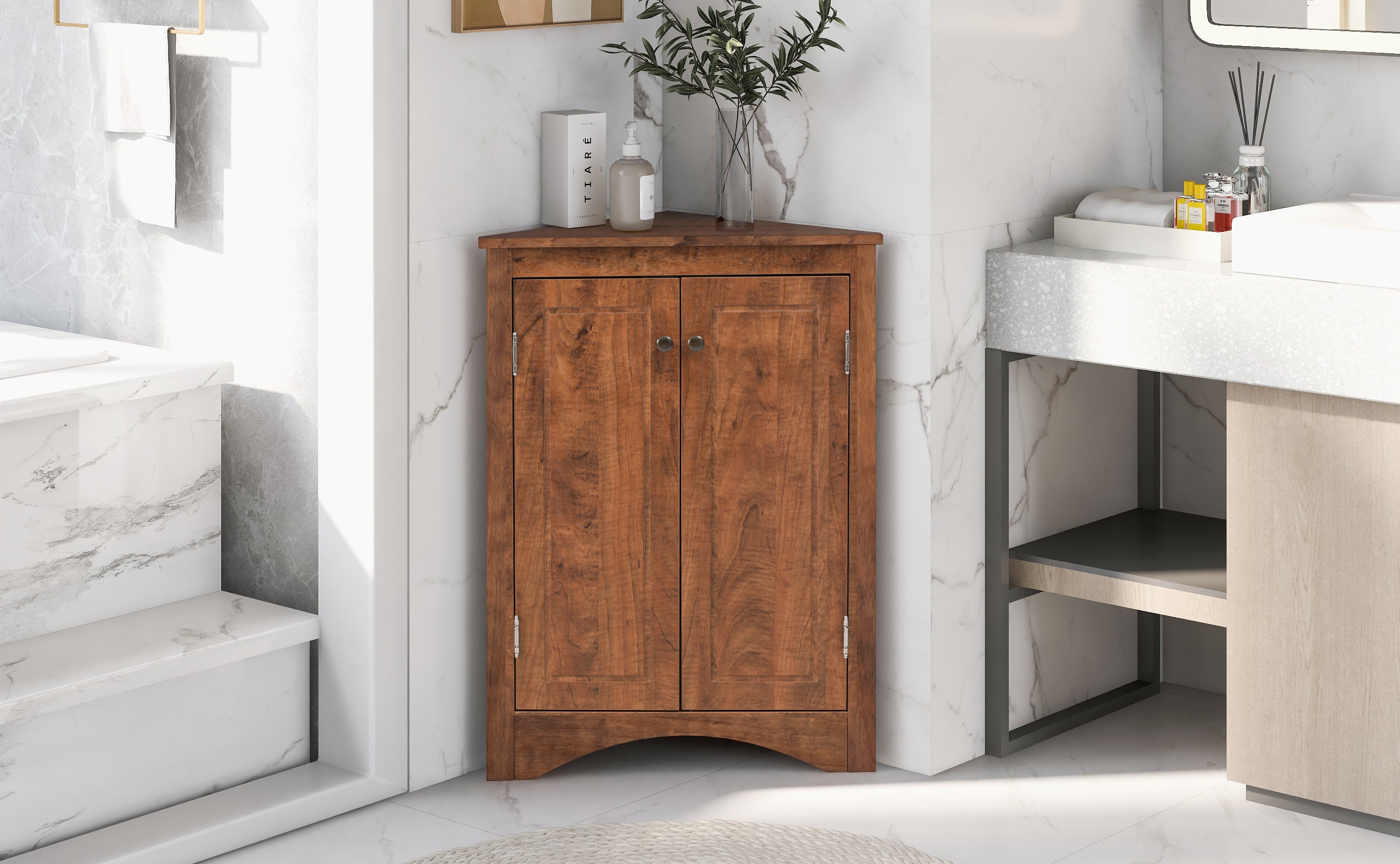 32" Wood 2-door Bathroom Corner Cabinet with Adjustable Shelves