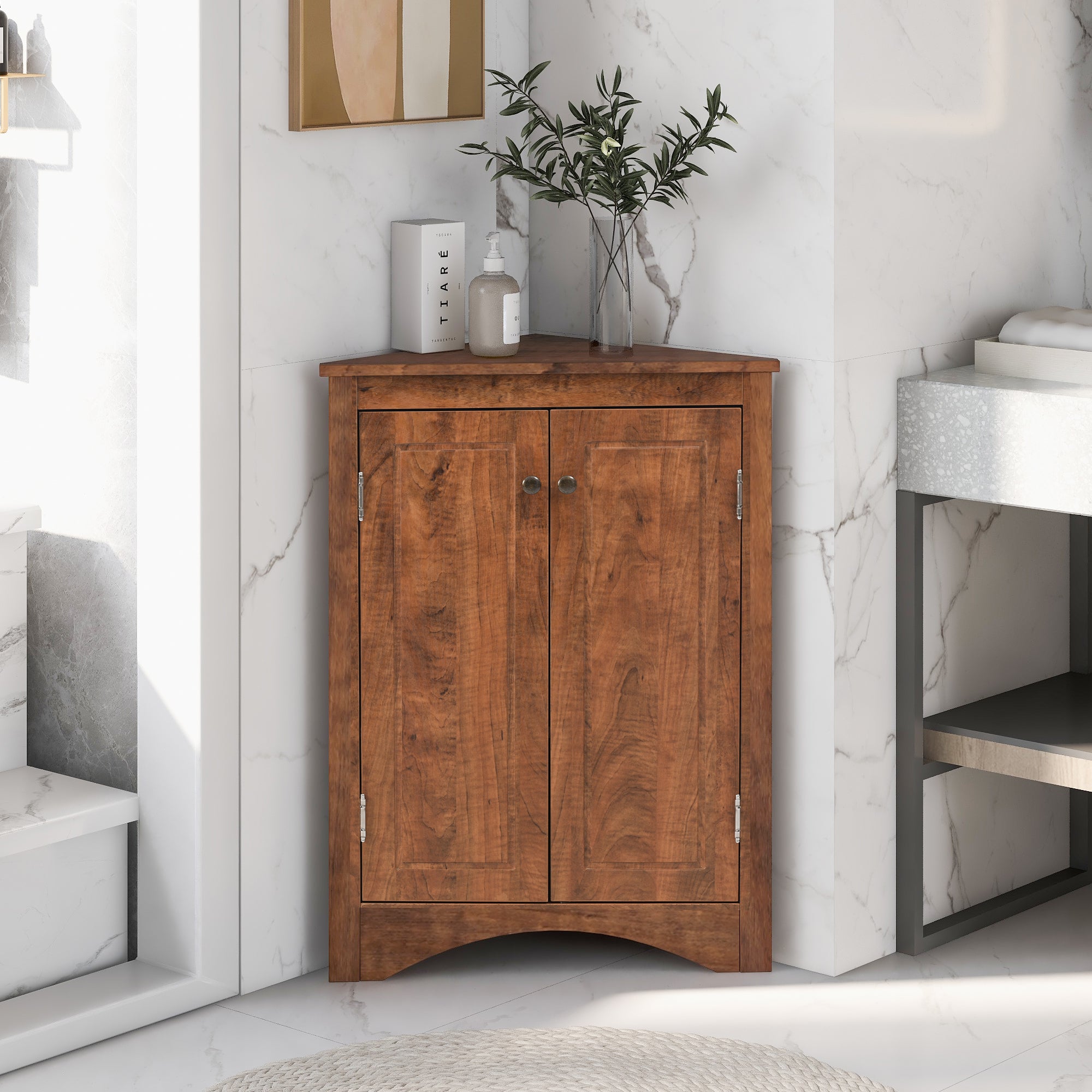 32" Wood 2-door Bathroom Corner Cabinet with Adjustable Shelves