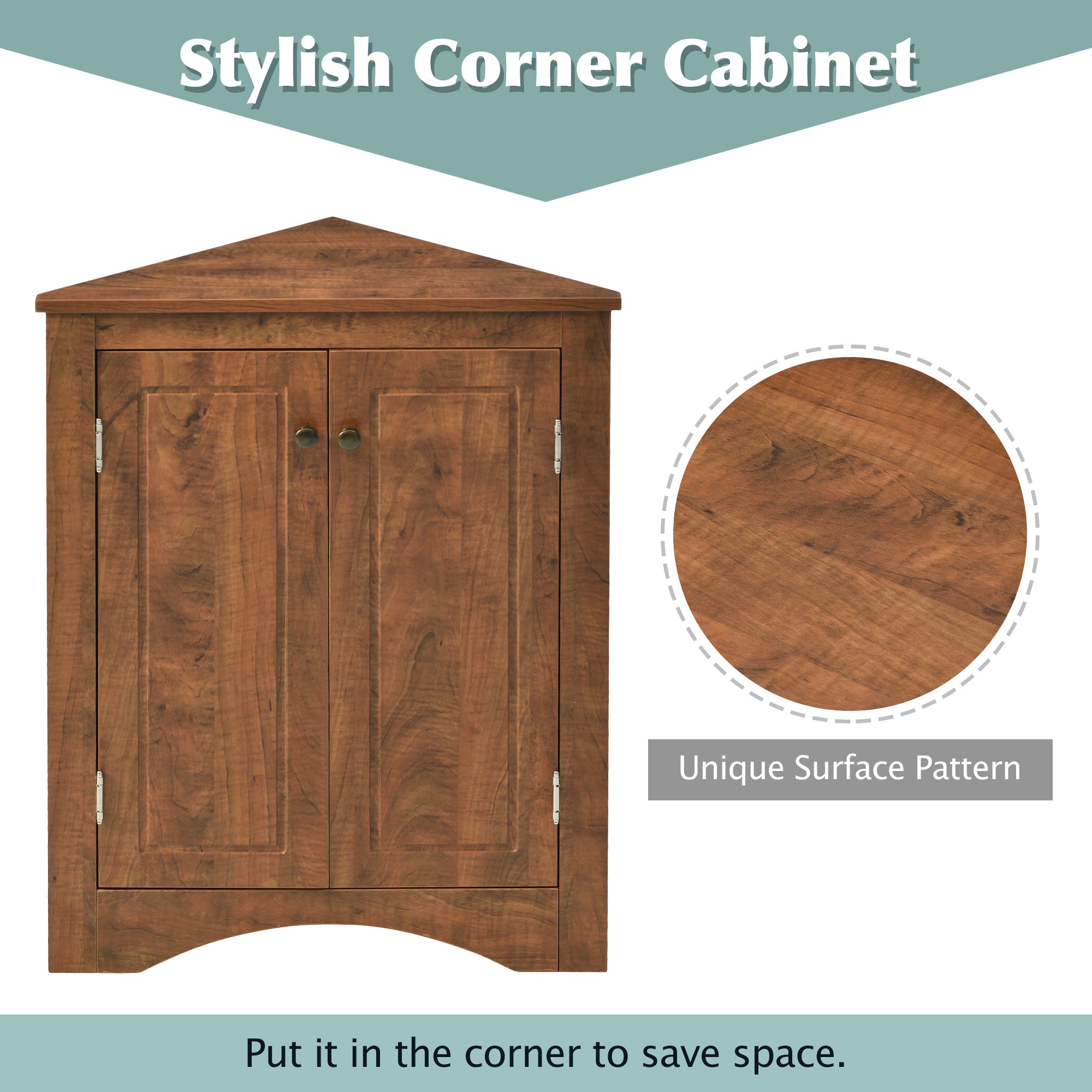 32" Wood 2-door Bathroom Corner Cabinet with Adjustable Shelves