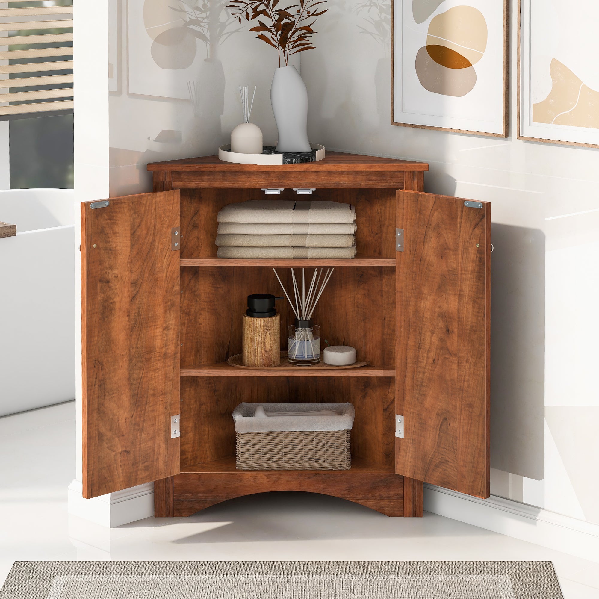 32" Wood 2-door Bathroom Corner Cabinet with Adjustable Shelves