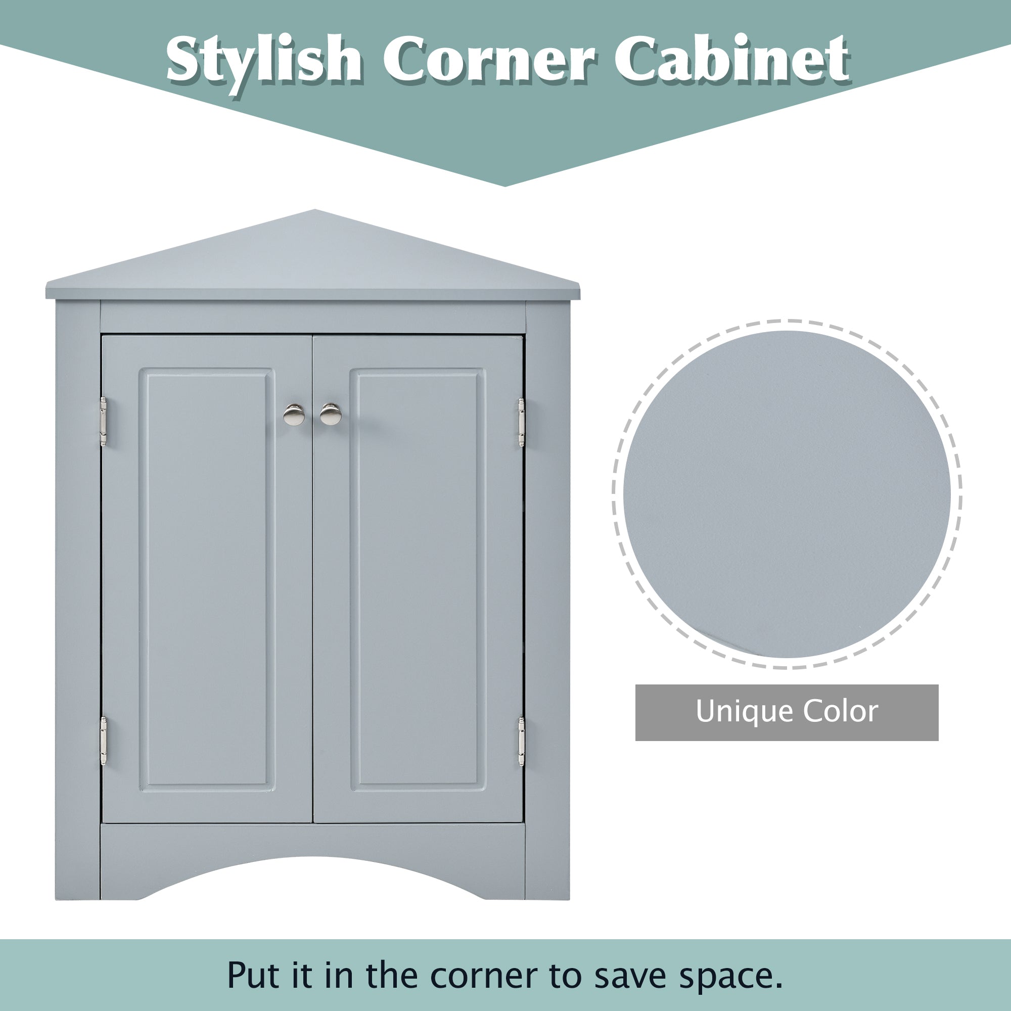 32" Wood 2-door Bathroom Corner Cabinet with Adjustable Shelves