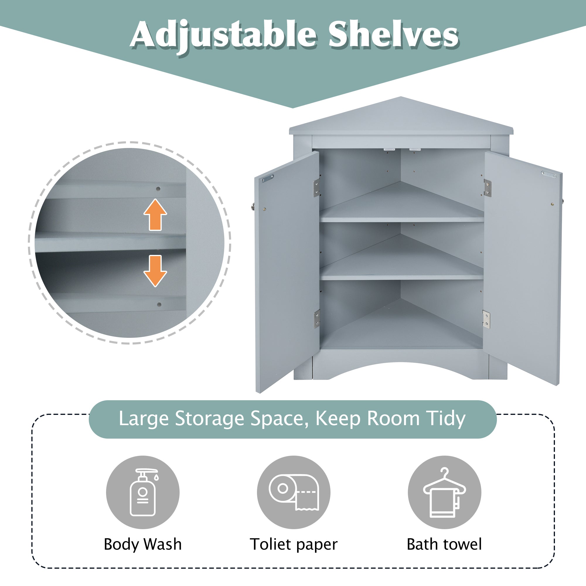 32" Wood 2-door Bathroom Corner Cabinet with Adjustable Shelves