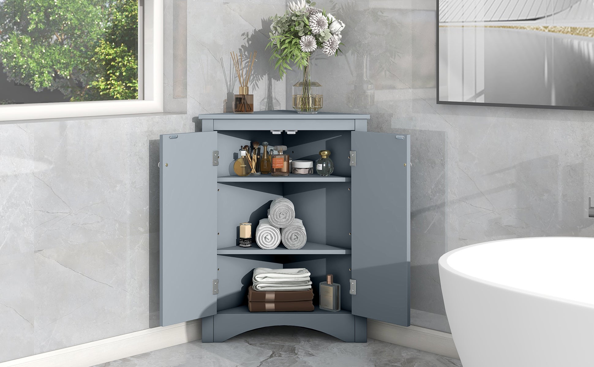 32" Wood 2-door Bathroom Corner Cabinet with Adjustable Shelves