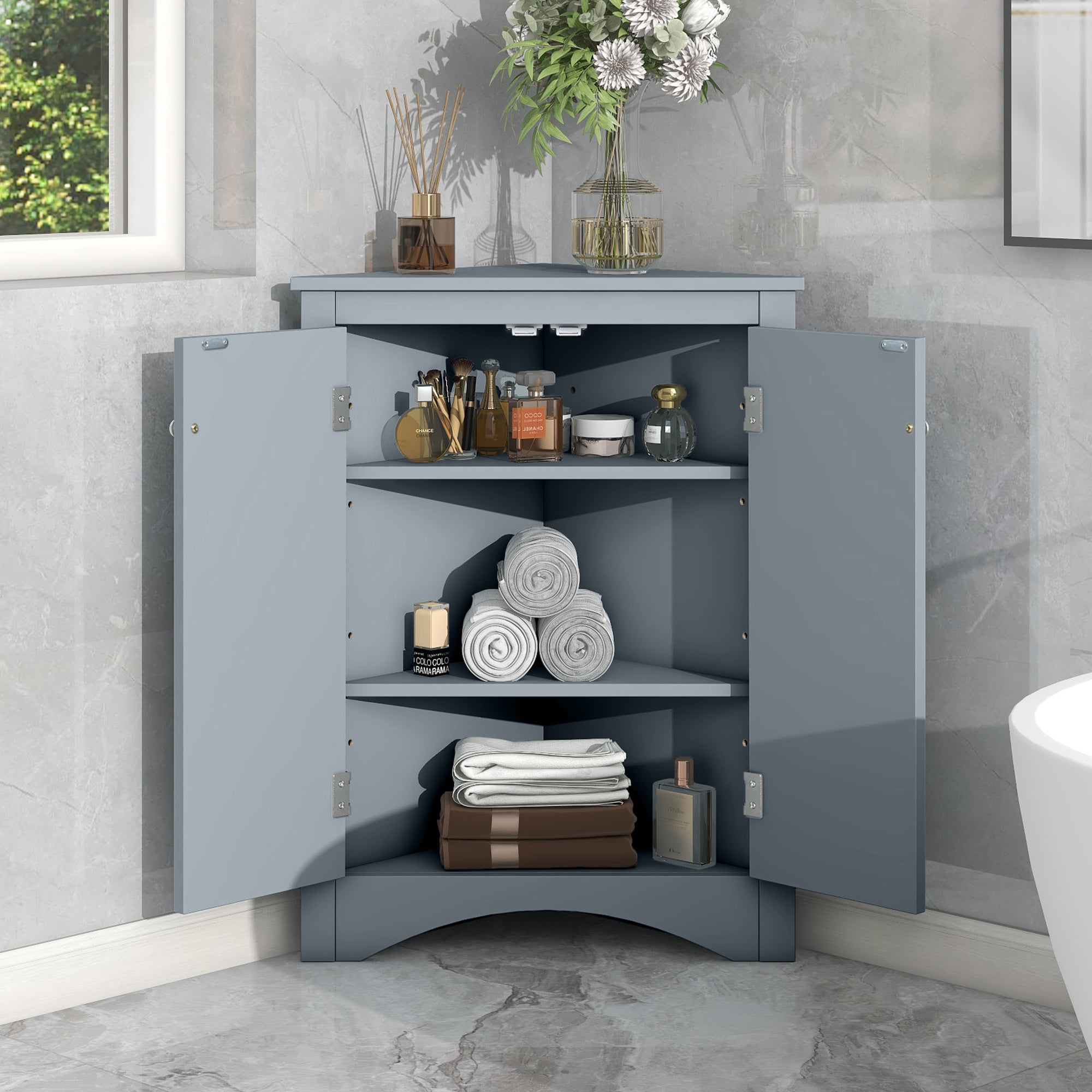 32" Wood 2-door Bathroom Corner Cabinet with Adjustable Shelves