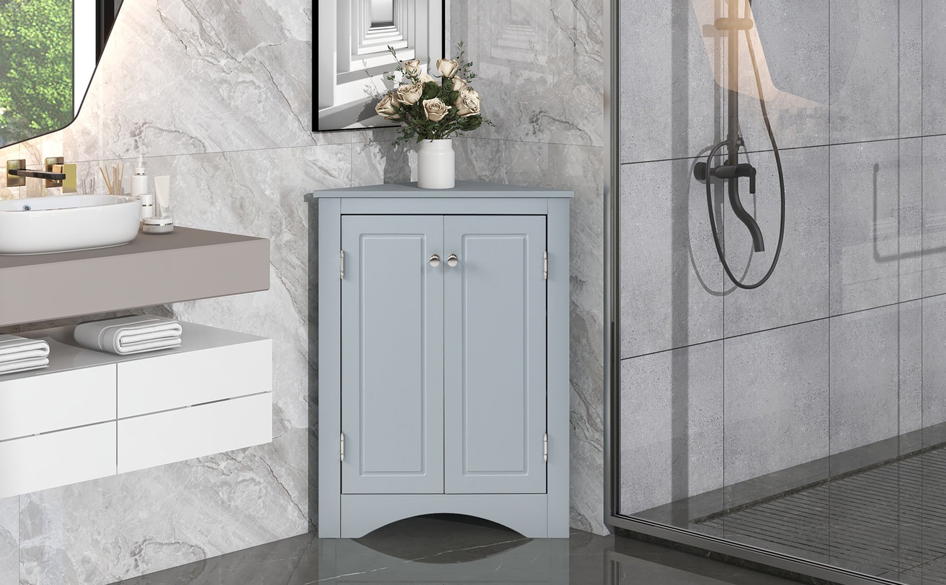 32" Wood 2-door Bathroom Corner Cabinet with Adjustable Shelves