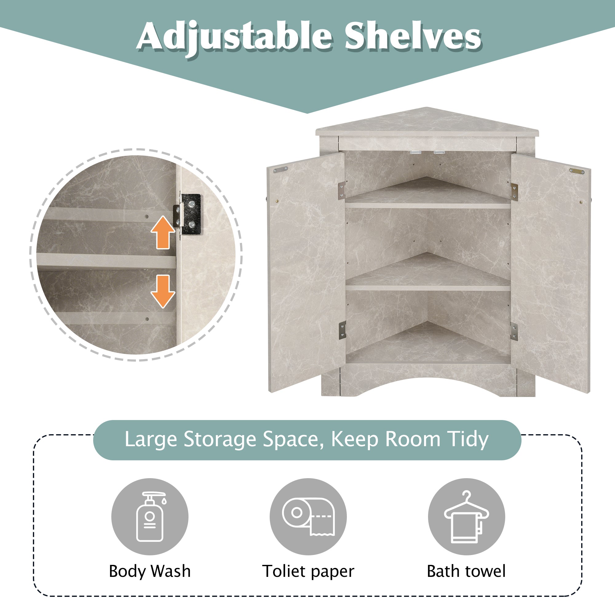 32" Wood 2-door Bathroom Corner Cabinet with Adjustable Shelves