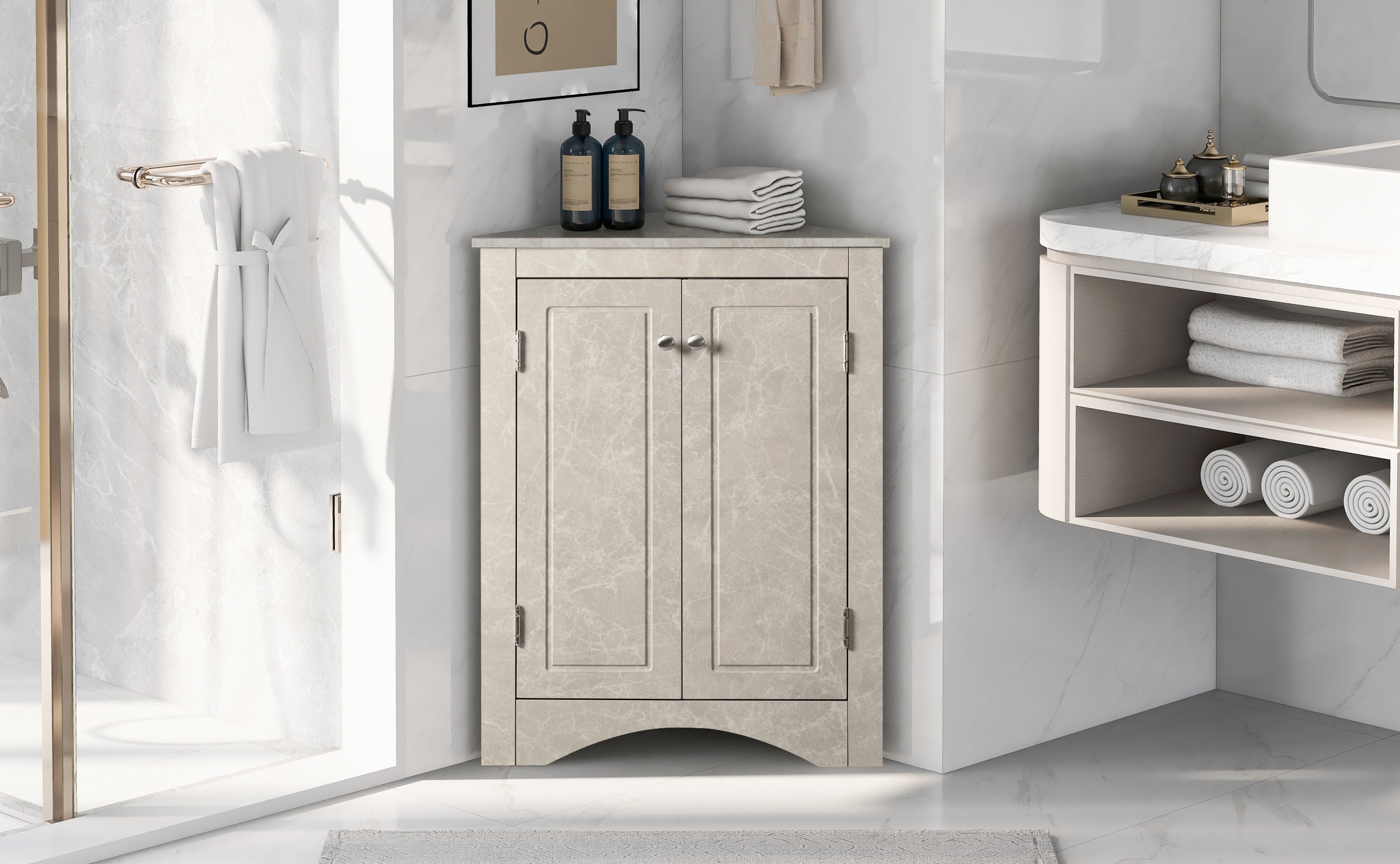 32" Wood 2-door Bathroom Corner Cabinet with Adjustable Shelves