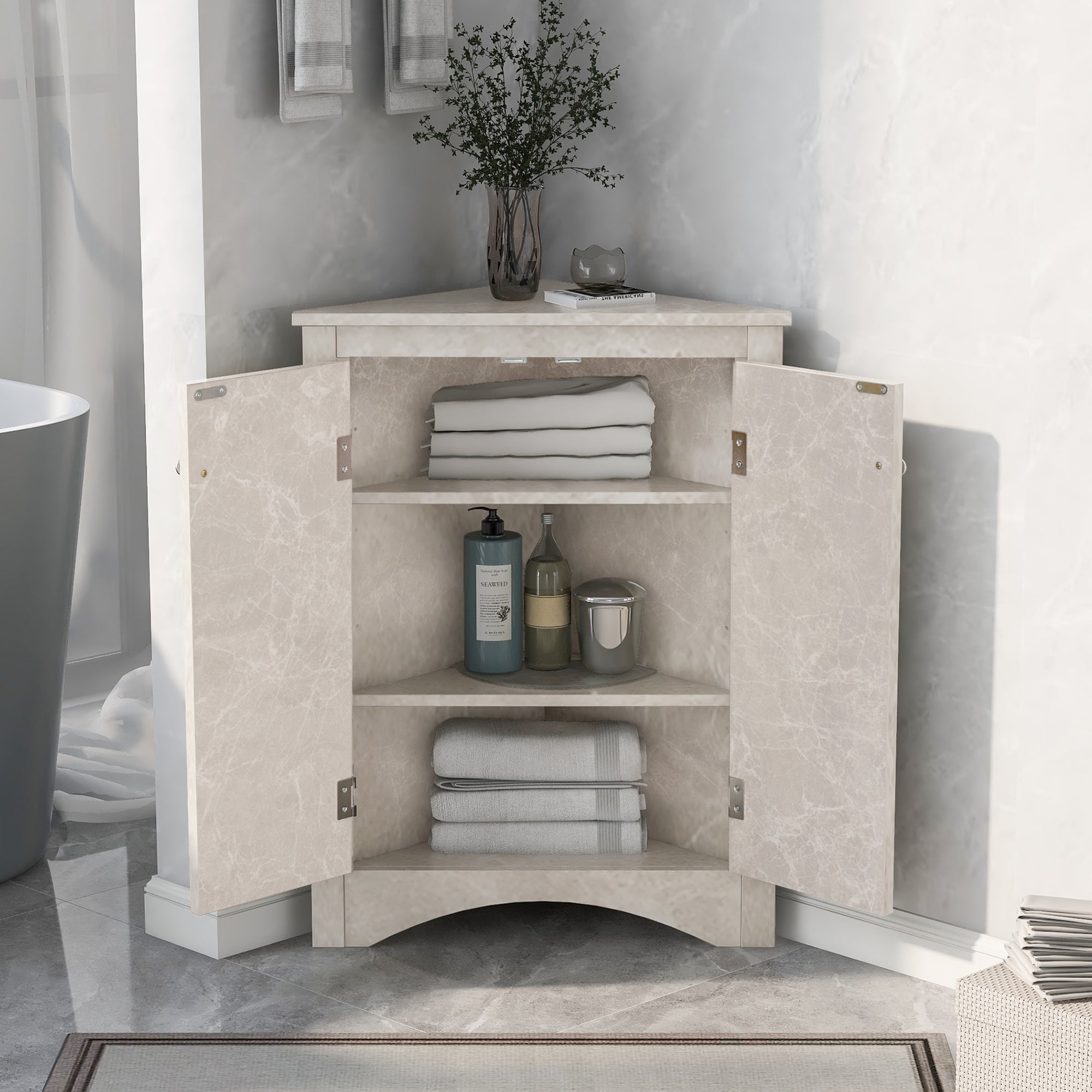 32" Wood 2-door Bathroom Corner Cabinet with Adjustable Shelves