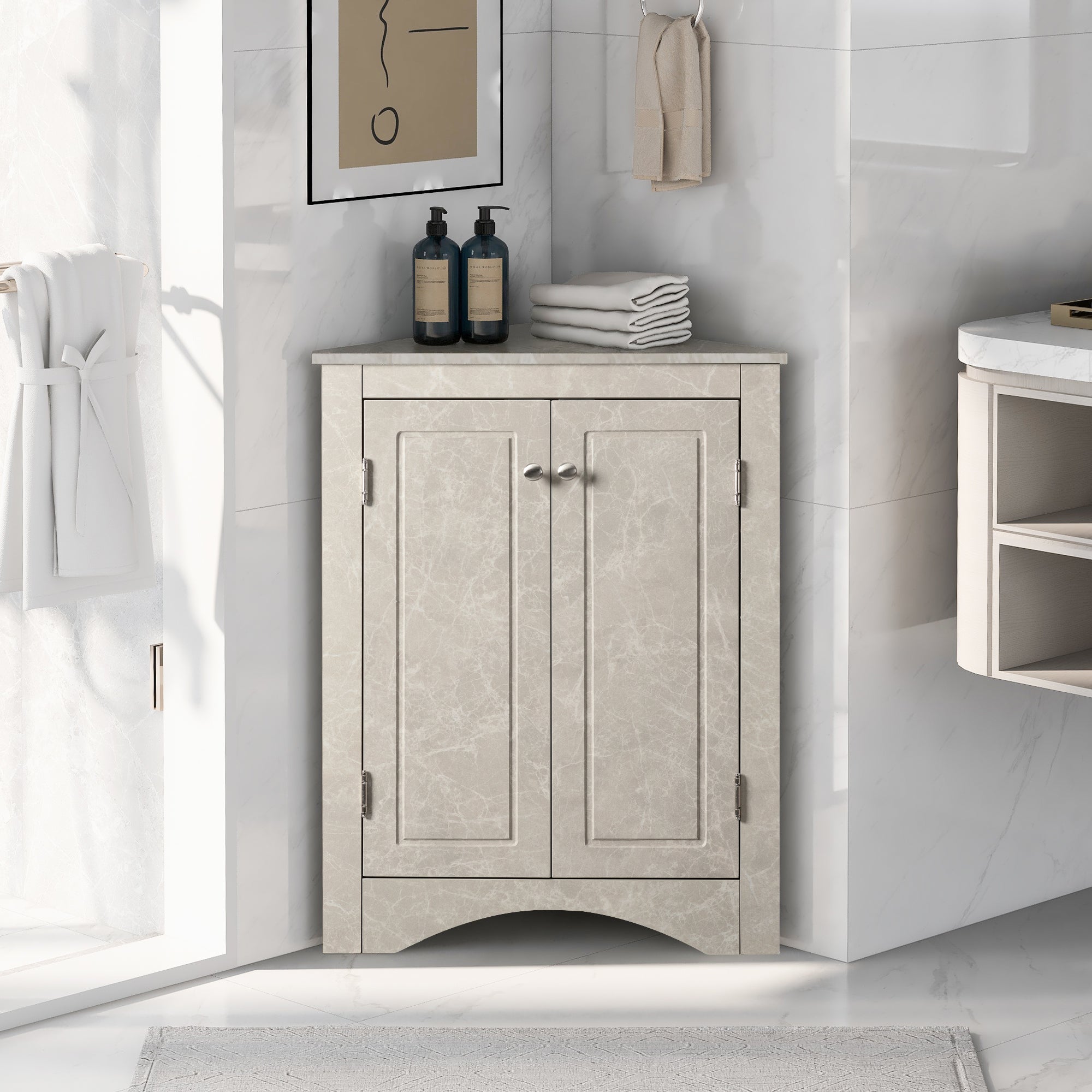 32" Wood 2-door Bathroom Corner Cabinet with Adjustable Shelves