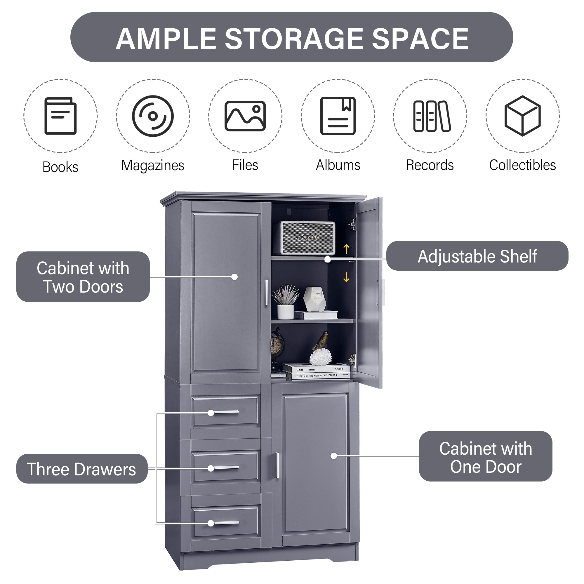 Tall and Wide Storage Cabinet with Doors for Bathroom/Office with Three Drawers
