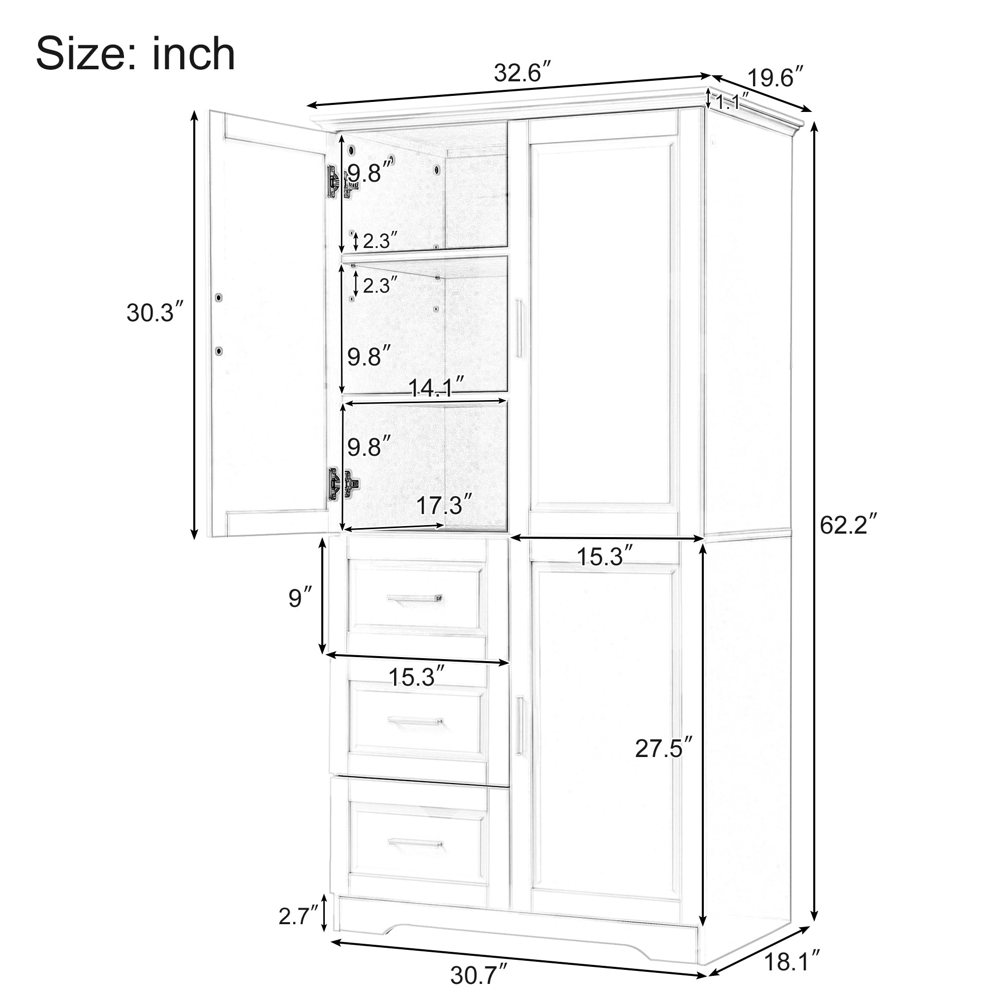Tall and Wide Storage Cabinet with Doors for Bathroom/Office with Three Drawers