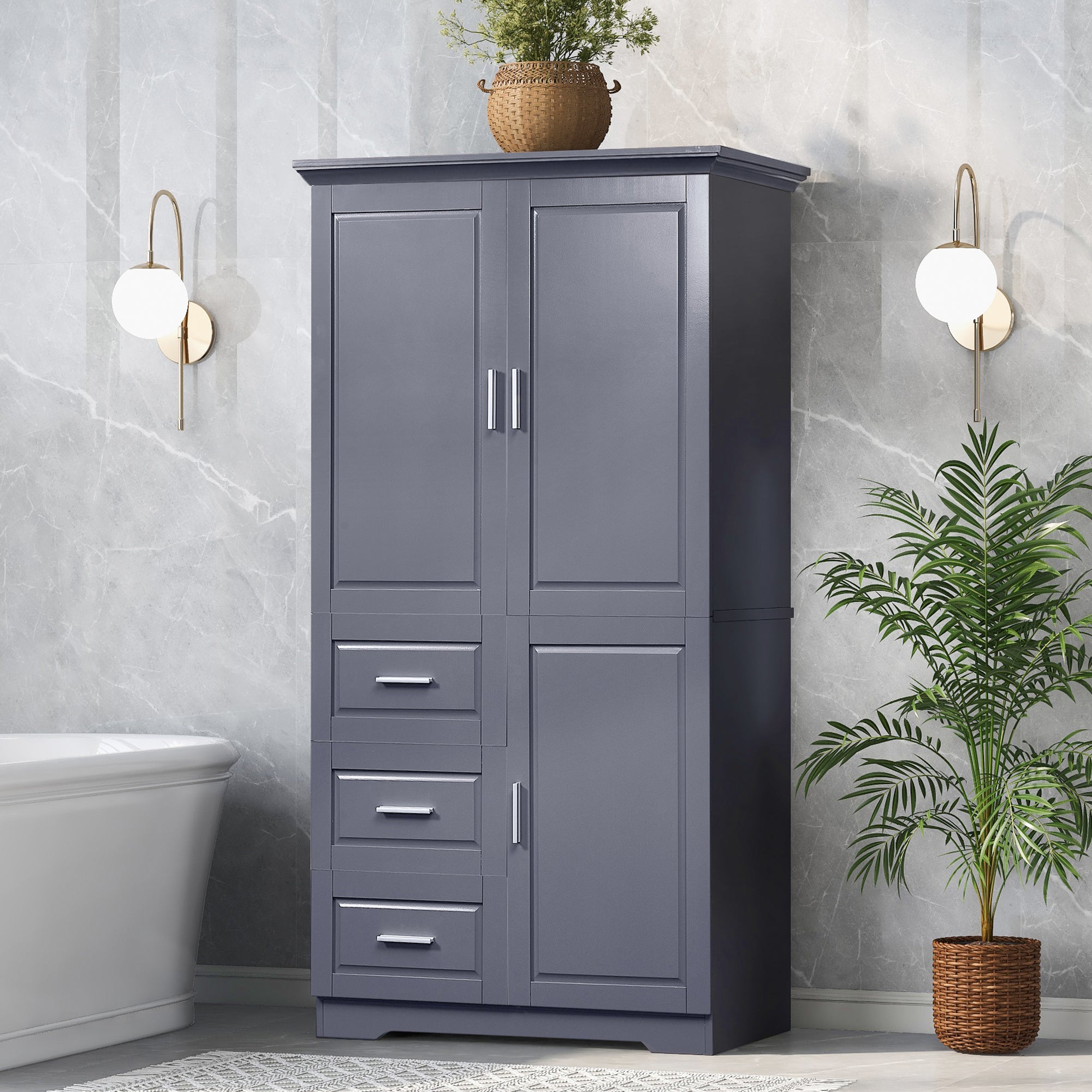 Tall and Wide Storage Cabinet with Doors for Bathroom/Office with Three Drawers
