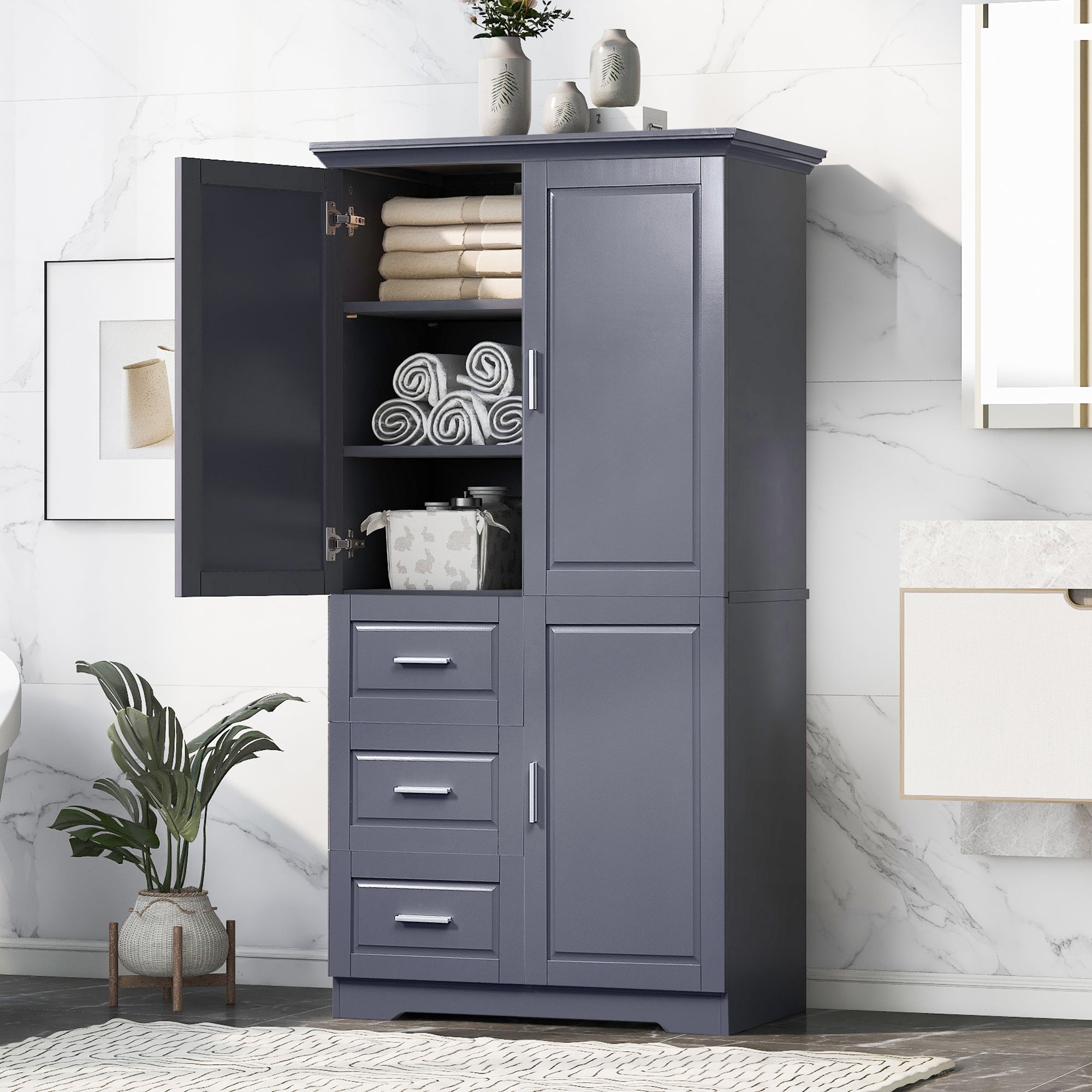 Tall and Wide Storage Cabinet with Doors for Bathroom/Office with Three Drawers
