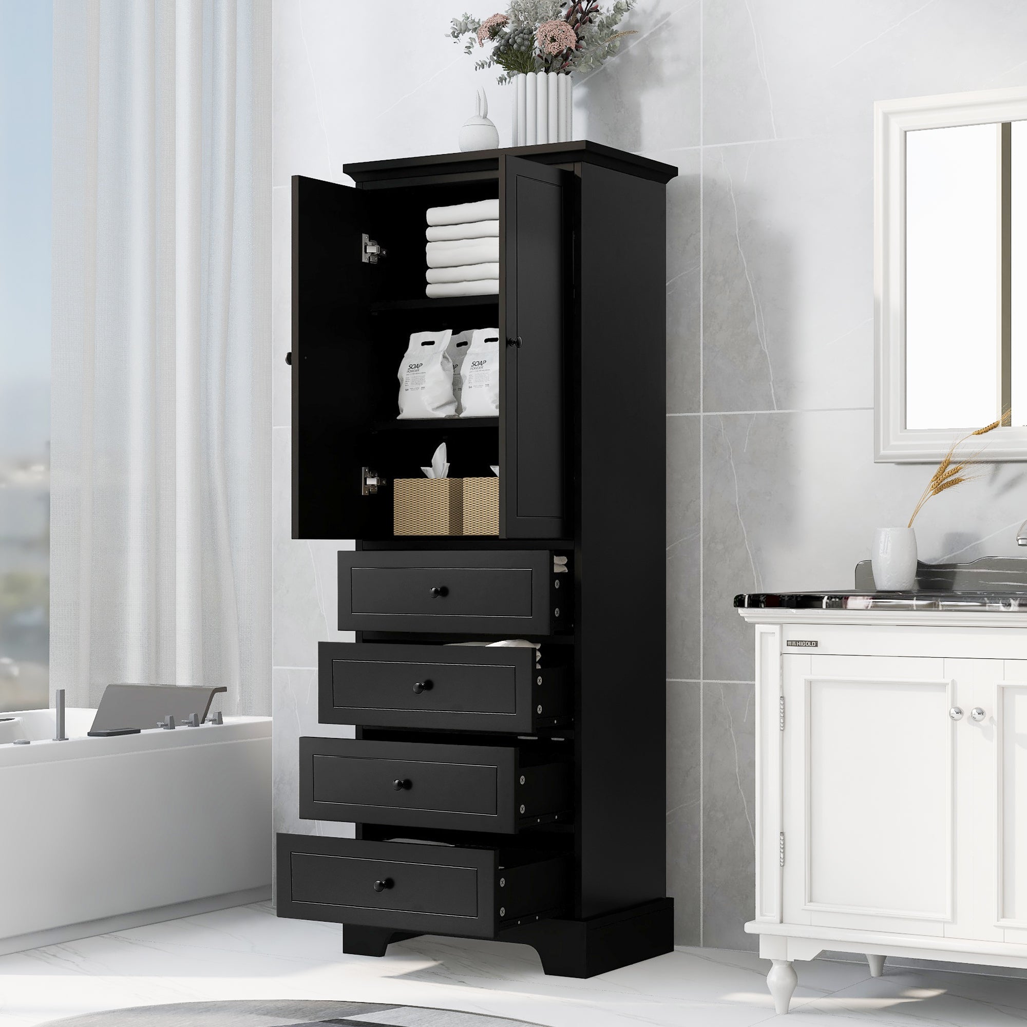 24 in. W x 68 in. H MDF Bathroom Storage Cabinet with Two Doors and Four Drawers