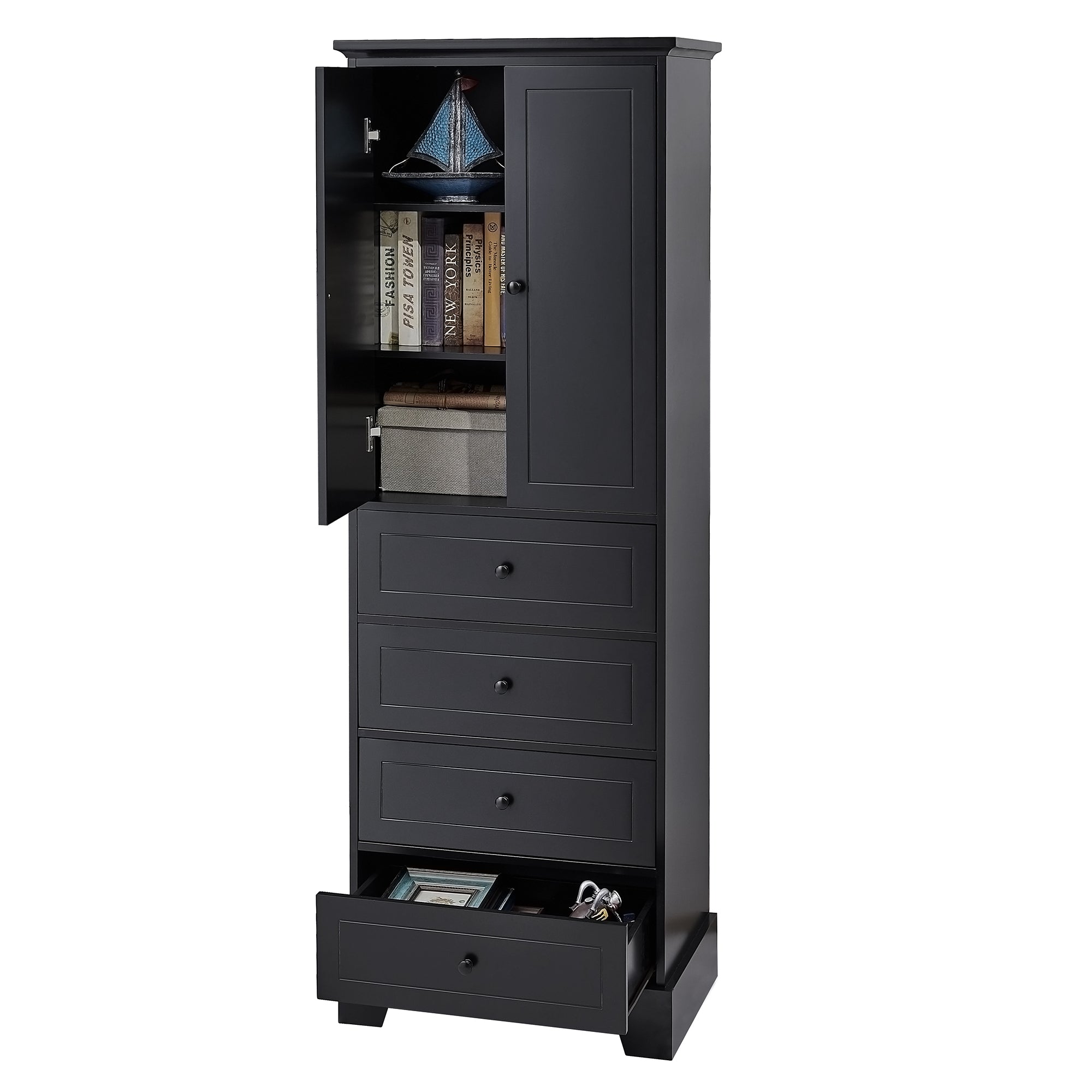 24 in. W x 68 in. H MDF Bathroom Storage Cabinet with Two Doors and Four Drawers