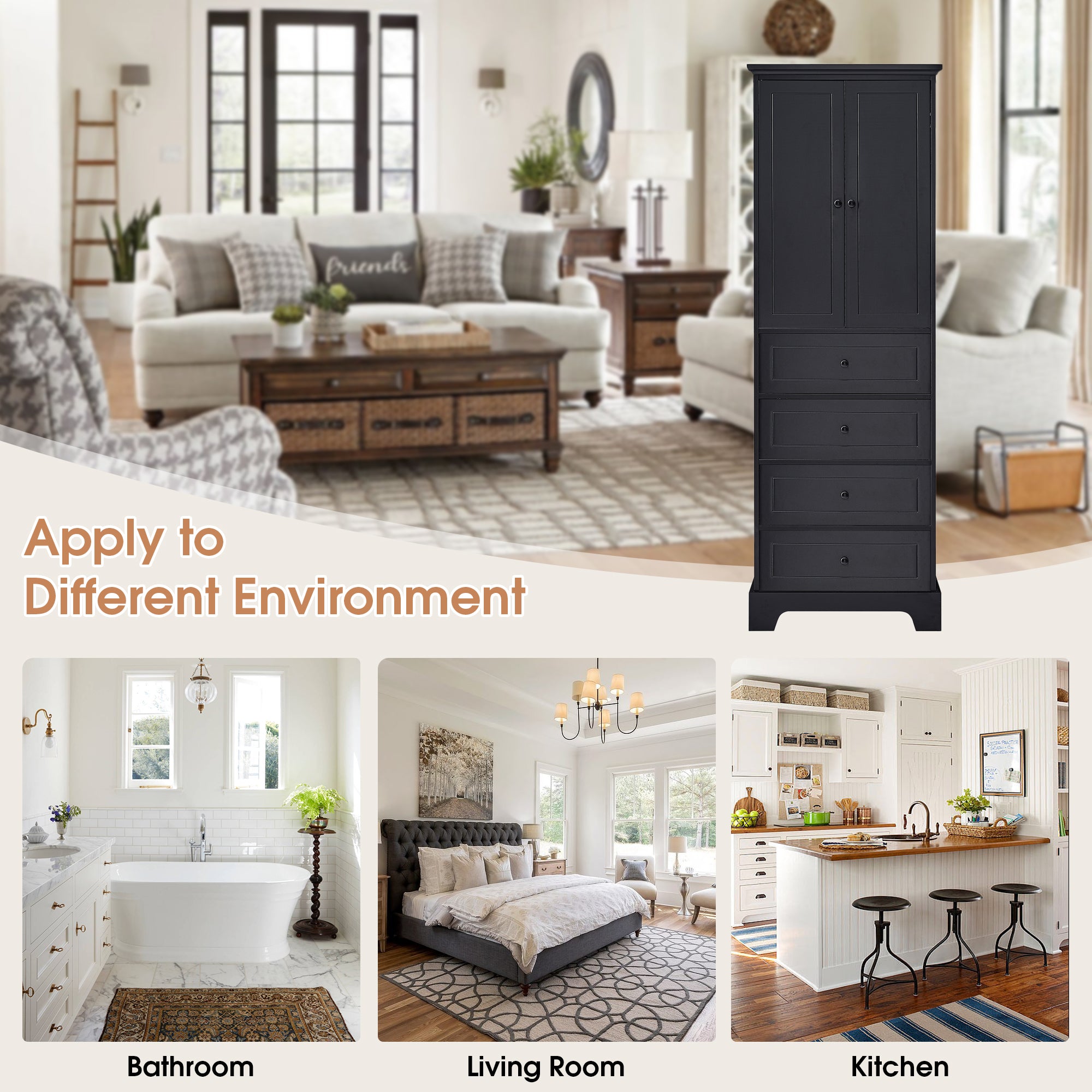 24 in. W x 68 in. H MDF Bathroom Storage Cabinet with Two Doors and Four Drawers