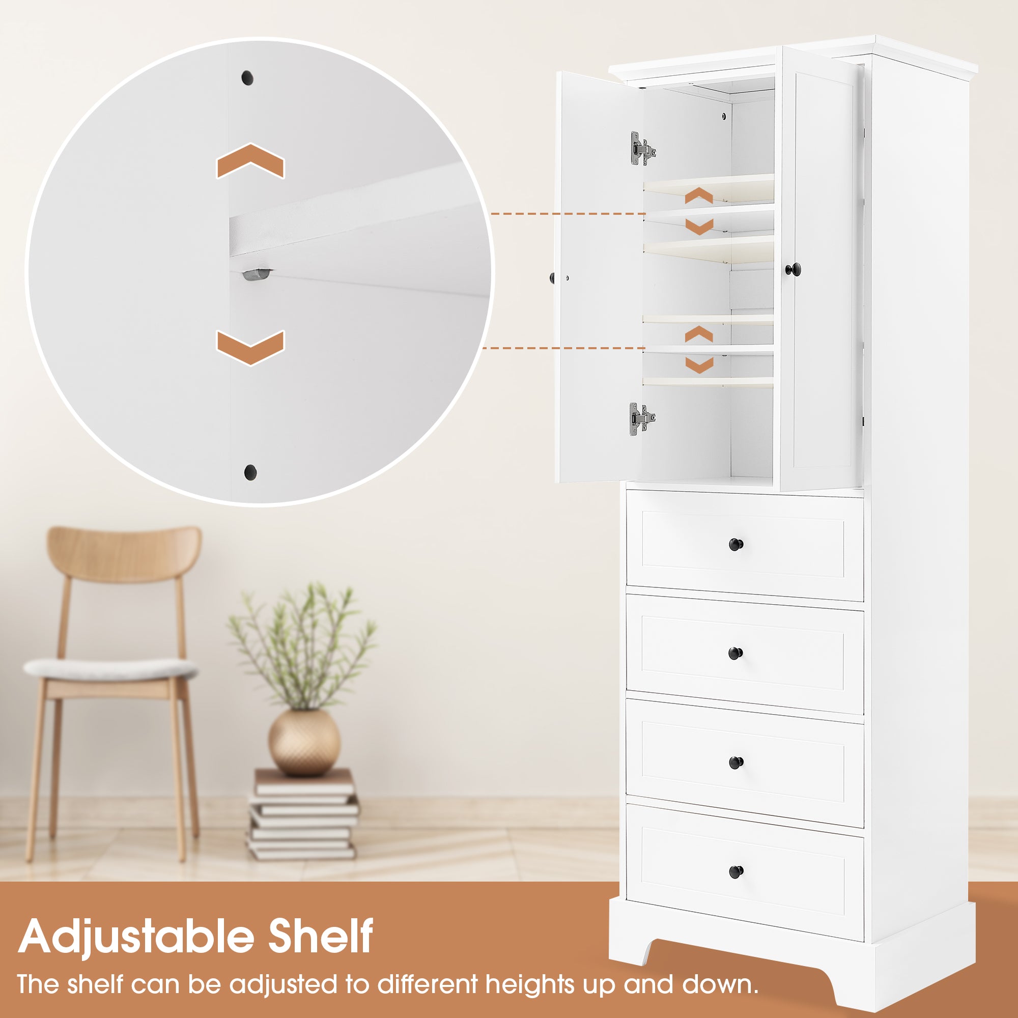24 in. W x 68 in. H MDF Bathroom Storage Cabinet with Two Doors and Four Drawers