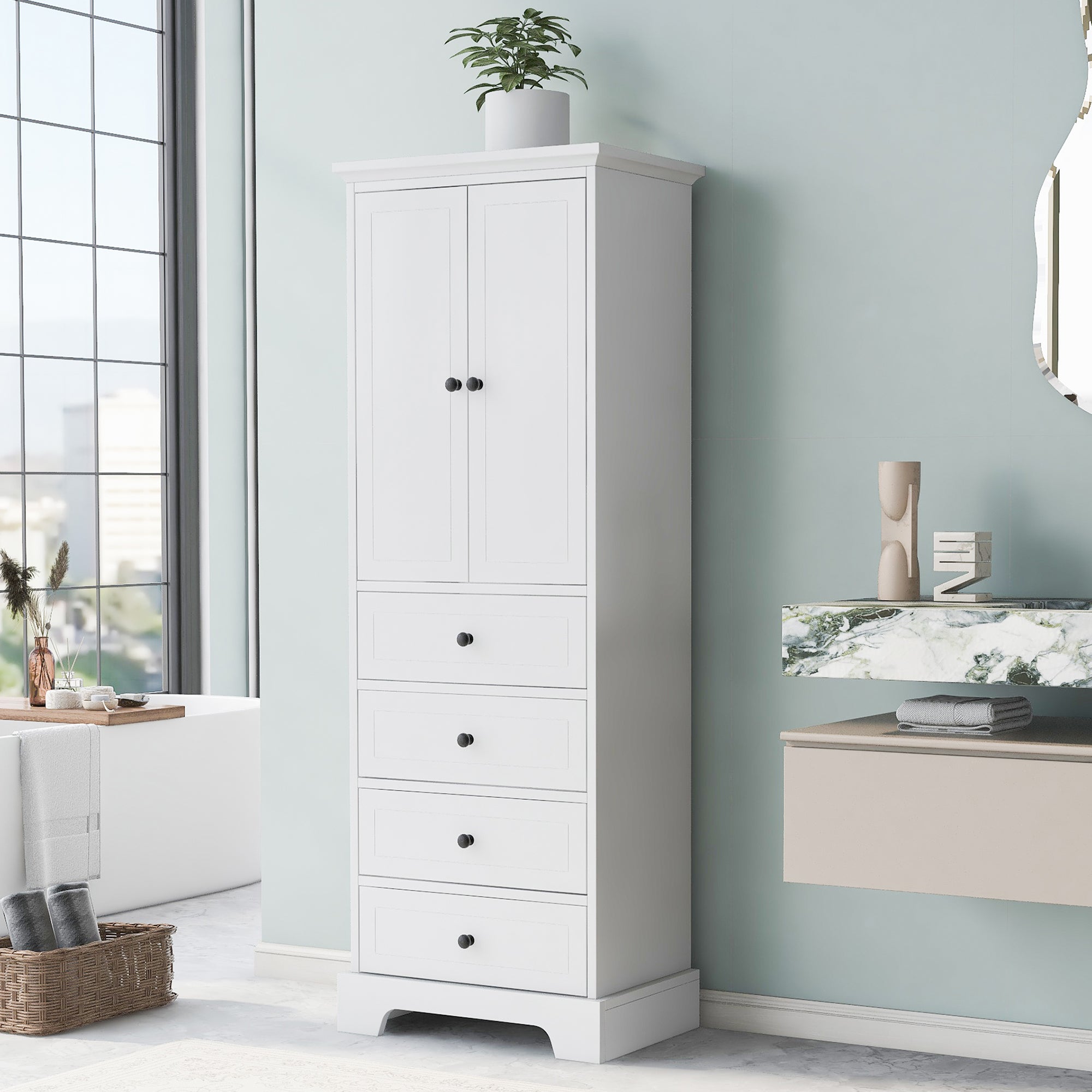24 in. W x 68 in. H MDF Bathroom Storage Cabinet with Two Doors and Four Drawers