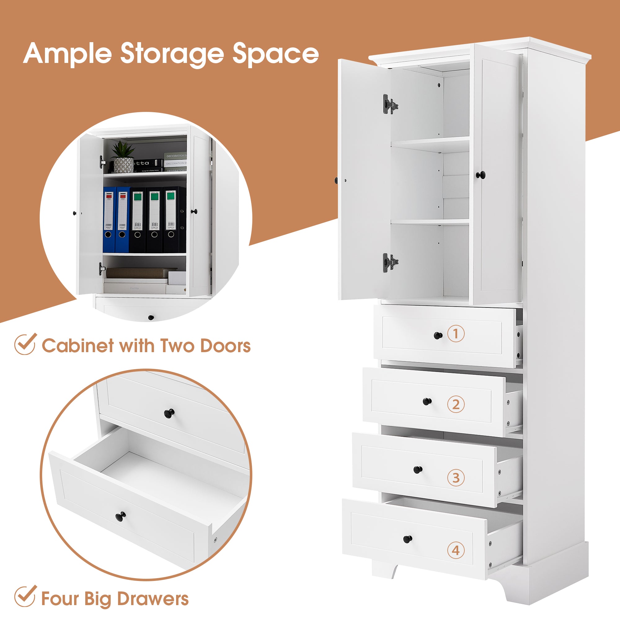 24 in. W x 68 in. H MDF Bathroom Storage Cabinet with Two Doors and Four Drawers