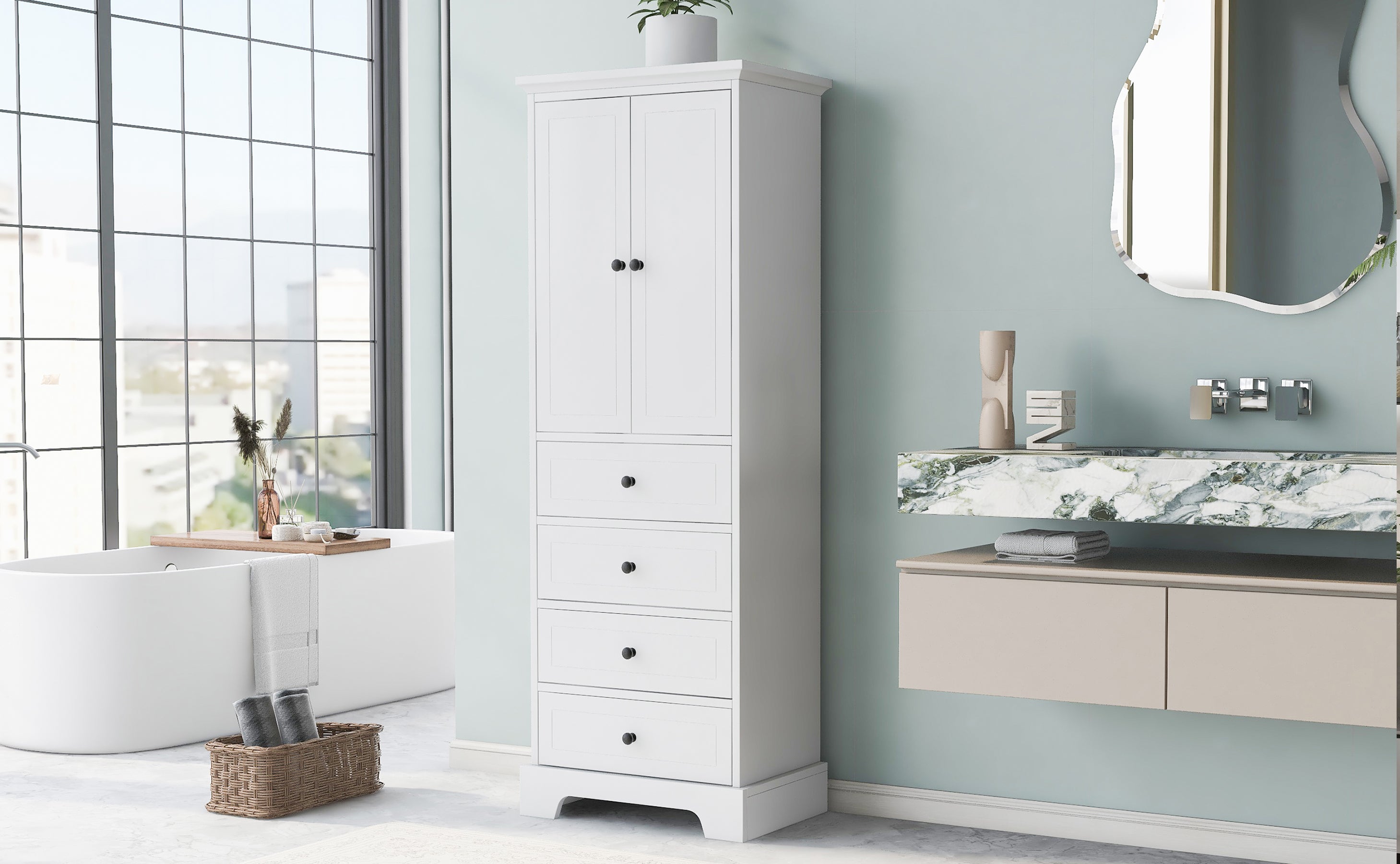 24 in. W x 68 in. H MDF Bathroom Storage Cabinet with Two Doors and Four Drawers