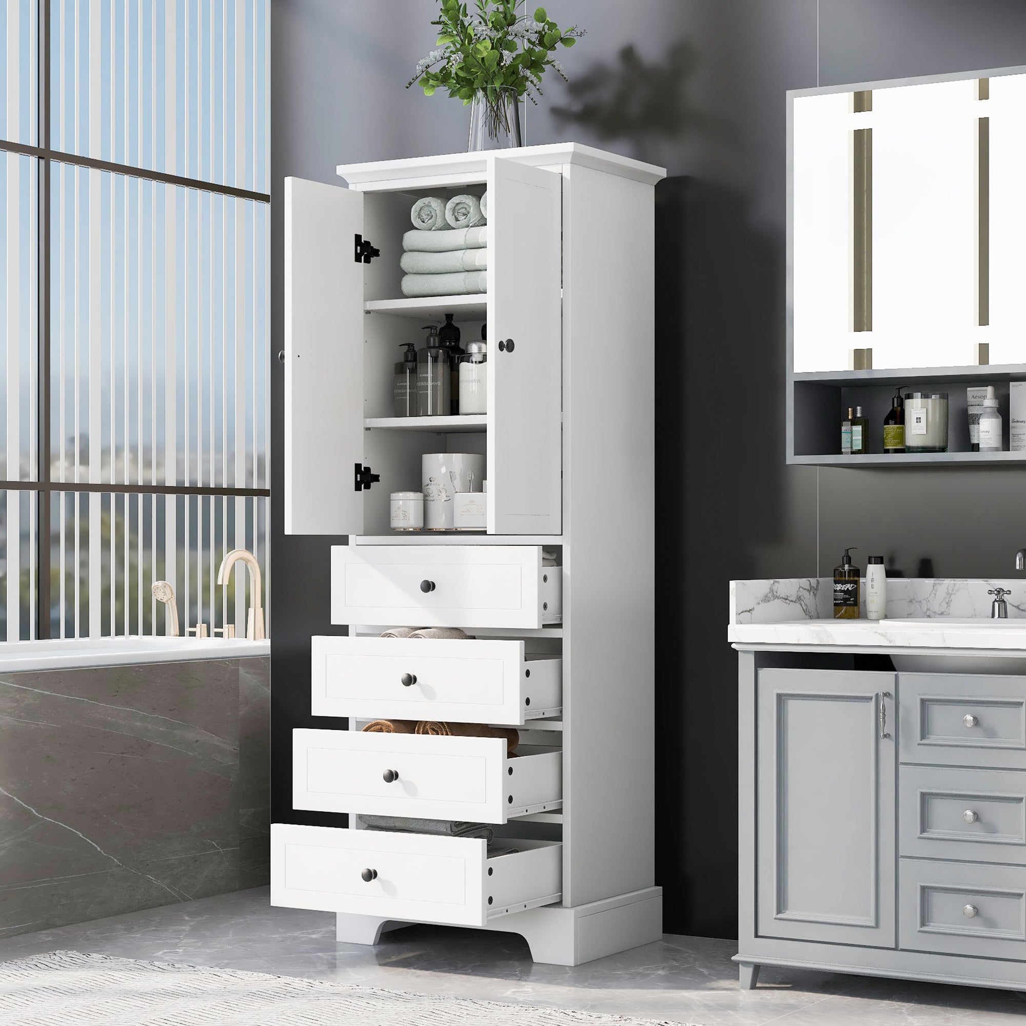 24 in. W x 68 in. H MDF Bathroom Storage Cabinet with Two Doors and Four Drawers