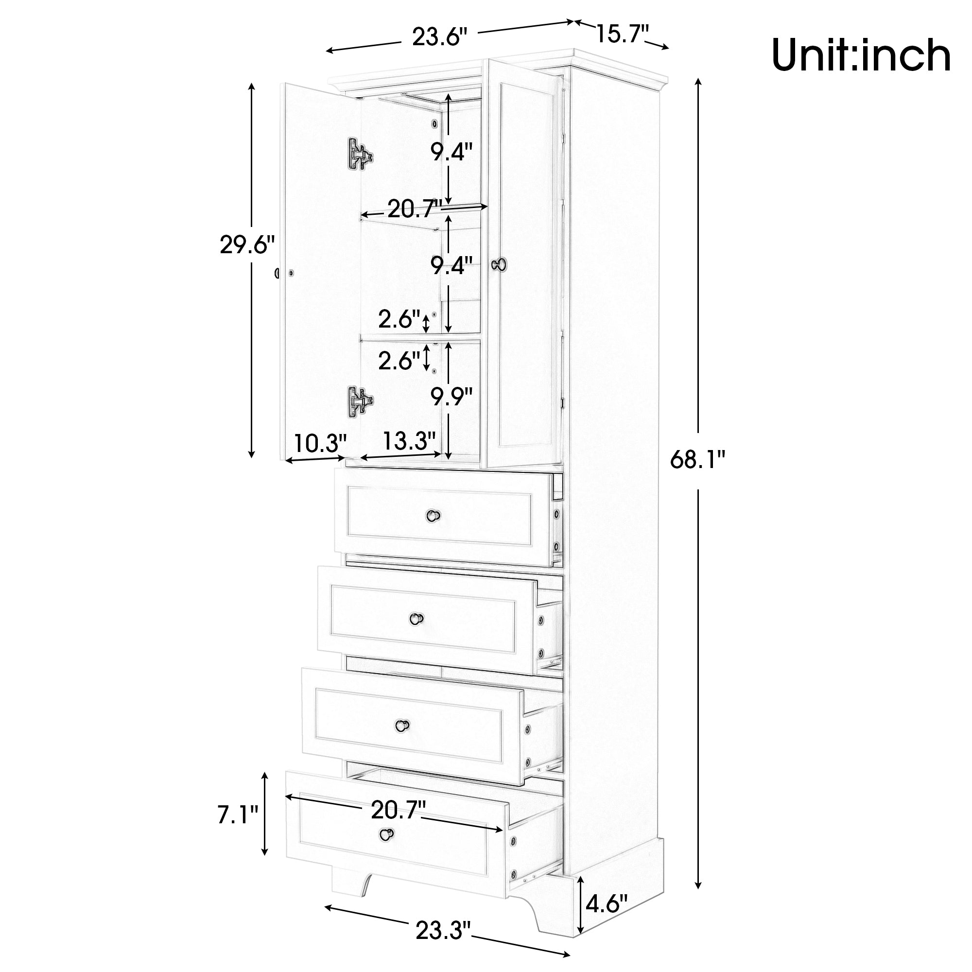 24 in. W x 68 in. H MDF Bathroom Storage Cabinet with Two Doors and Four Drawers