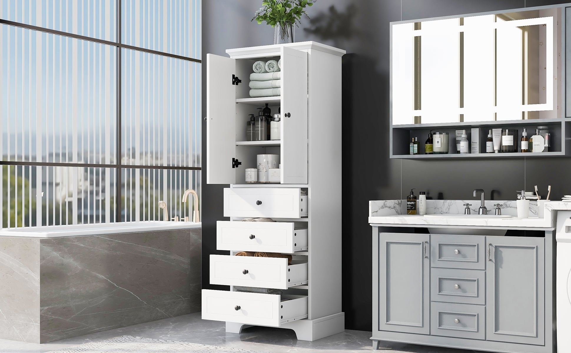 24 in. W x 68 in. H MDF Bathroom Storage Cabinet with Two Doors and Four Drawers