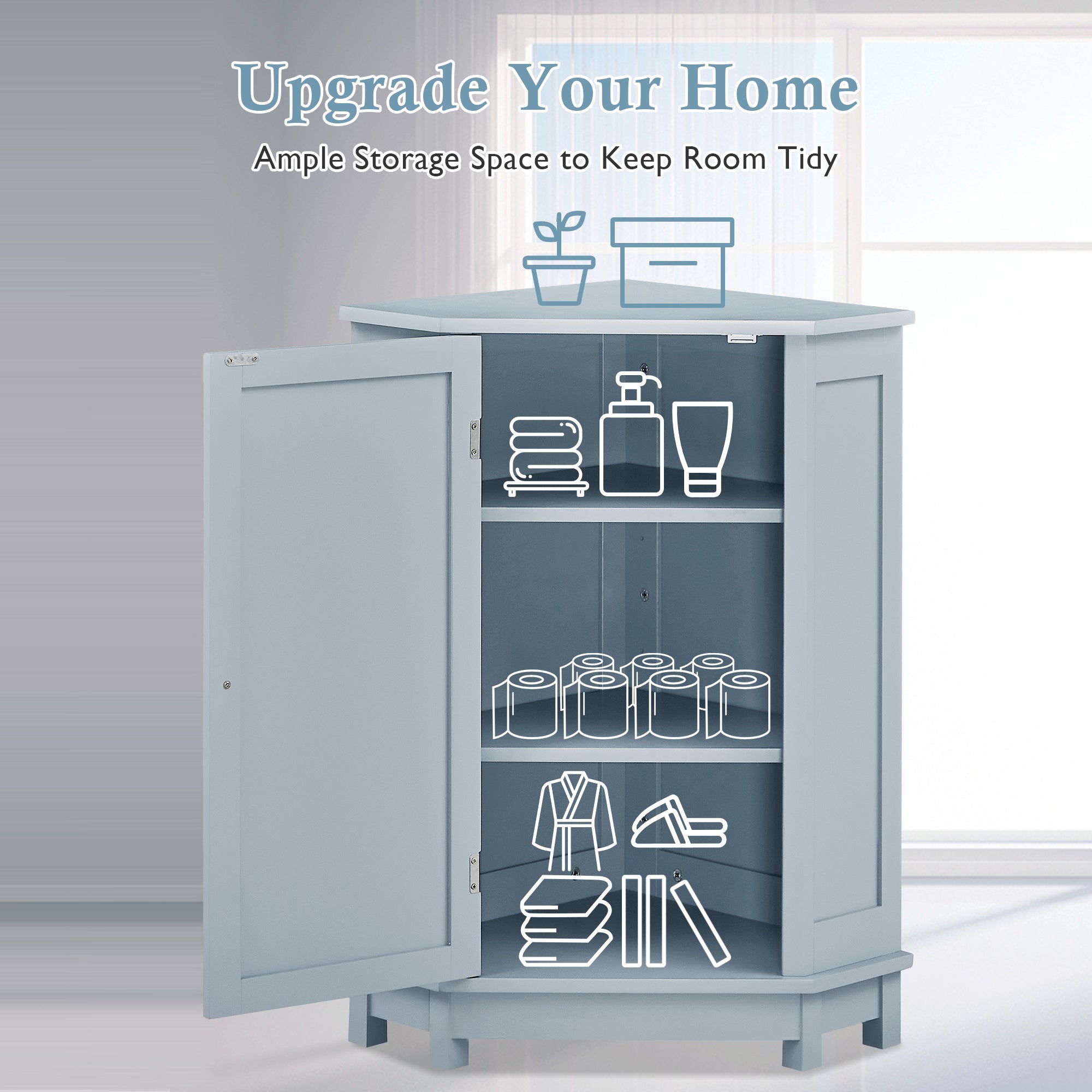 32" Freestanding Triangle Corner Bathroom Storage Cabinet with Doors and Adjustable Shelves
