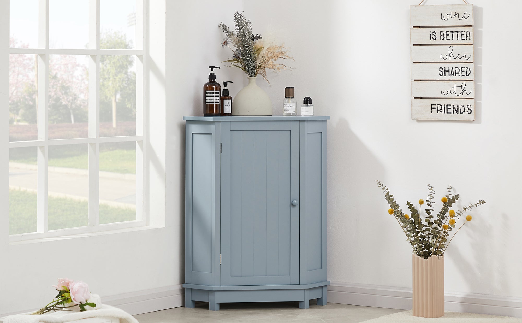 32" Freestanding Triangle Corner Bathroom Storage Cabinet with Doors and Adjustable Shelves