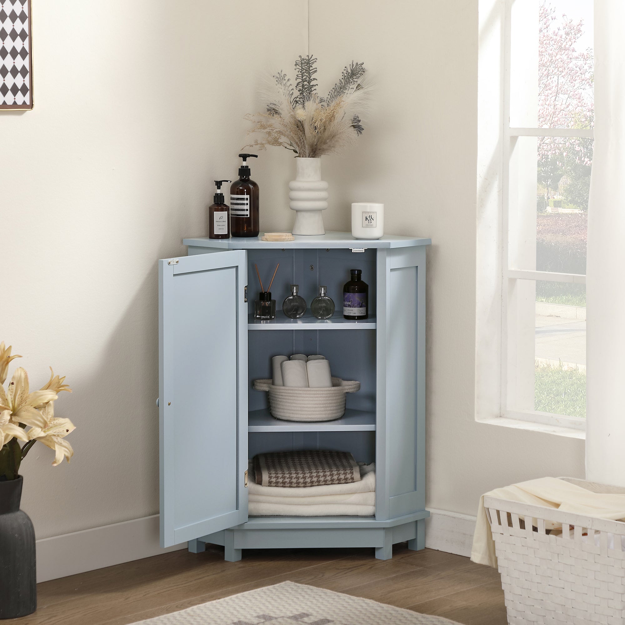 32" Freestanding Triangle Corner Bathroom Storage Cabinet with Doors and Adjustable Shelves