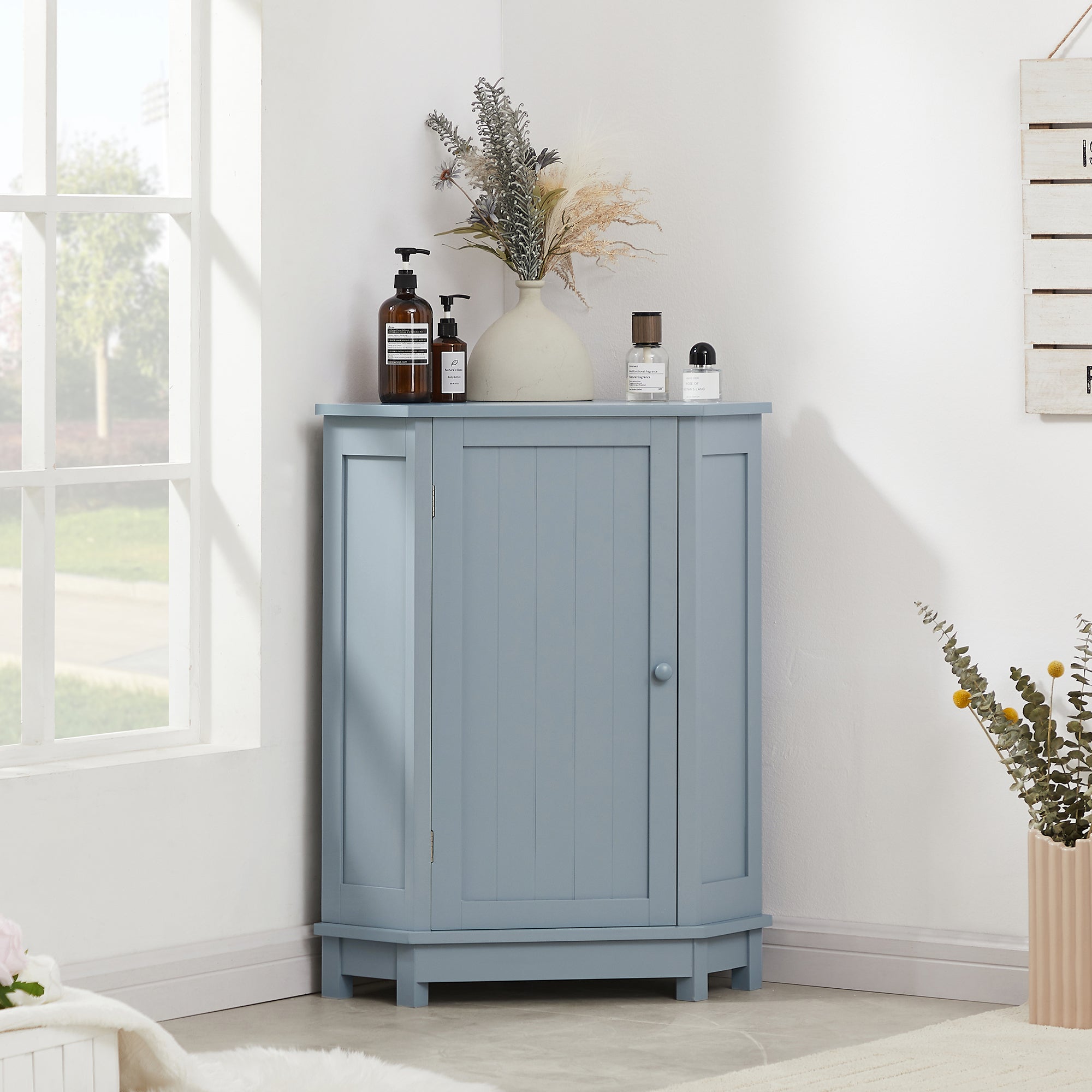 32" Freestanding Triangle Corner Bathroom Storage Cabinet with Doors and Adjustable Shelves