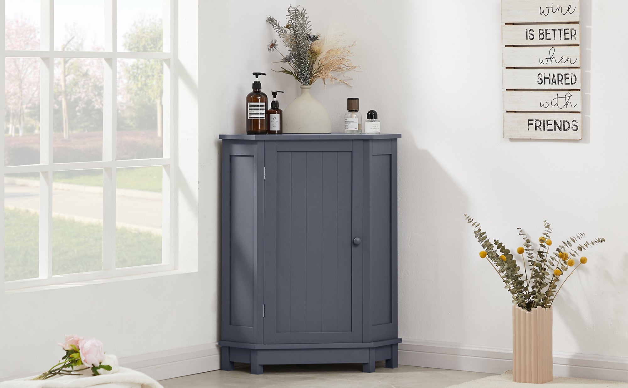 32" Freestanding Triangle Corner Bathroom Storage Cabinet with Doors and Adjustable Shelves