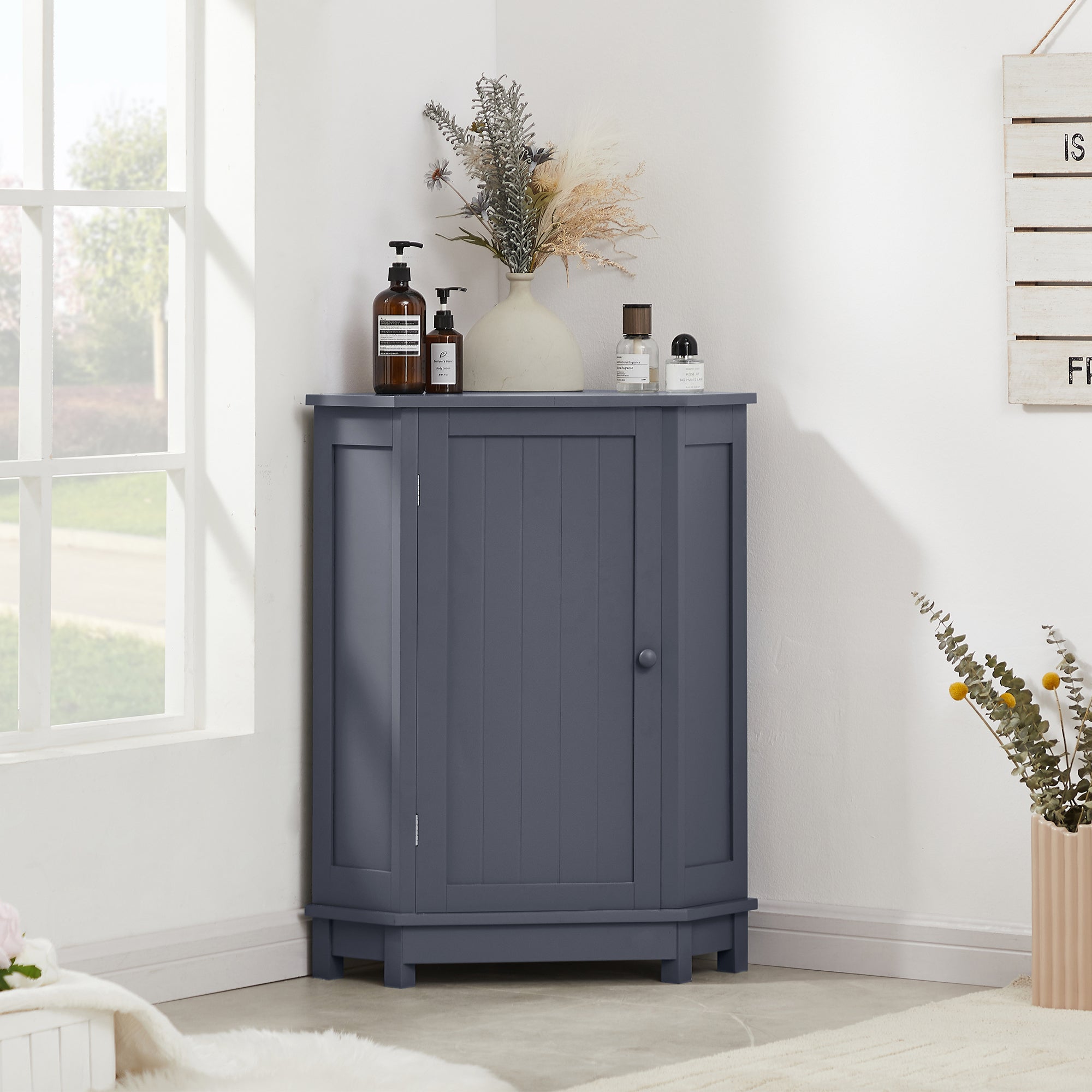 32" Freestanding Triangle Corner Bathroom Storage Cabinet with Doors and Adjustable Shelves