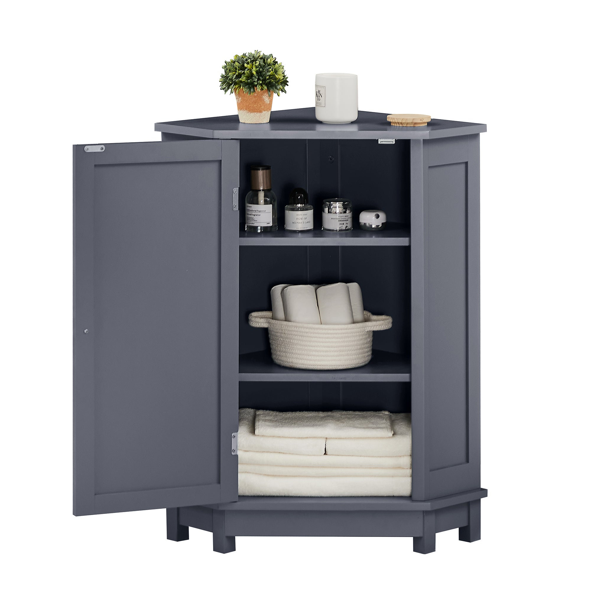 32" Freestanding Triangle Corner Bathroom Storage Cabinet with Doors and Adjustable Shelves