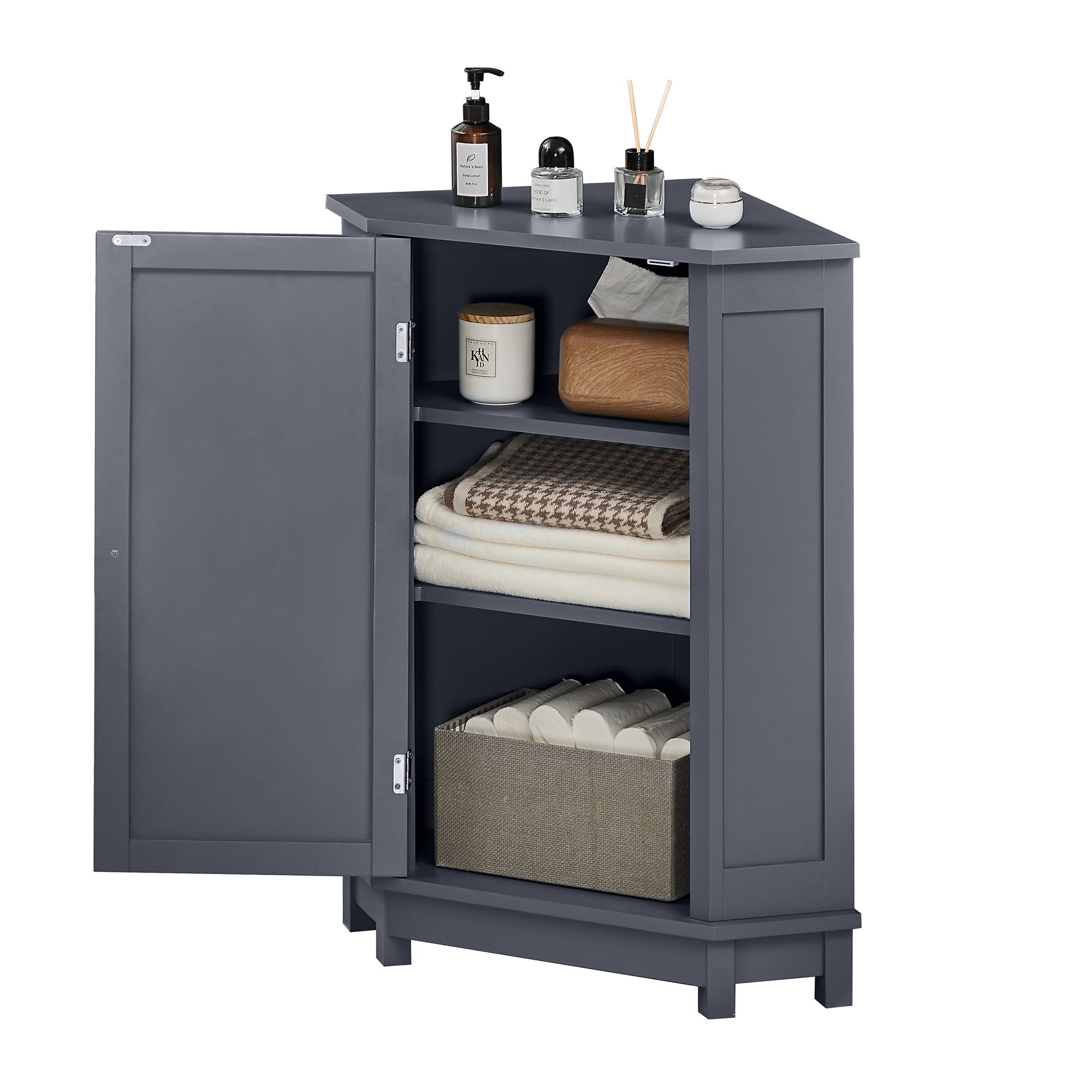 32" Freestanding Triangle Corner Bathroom Storage Cabinet with Doors and Adjustable Shelves