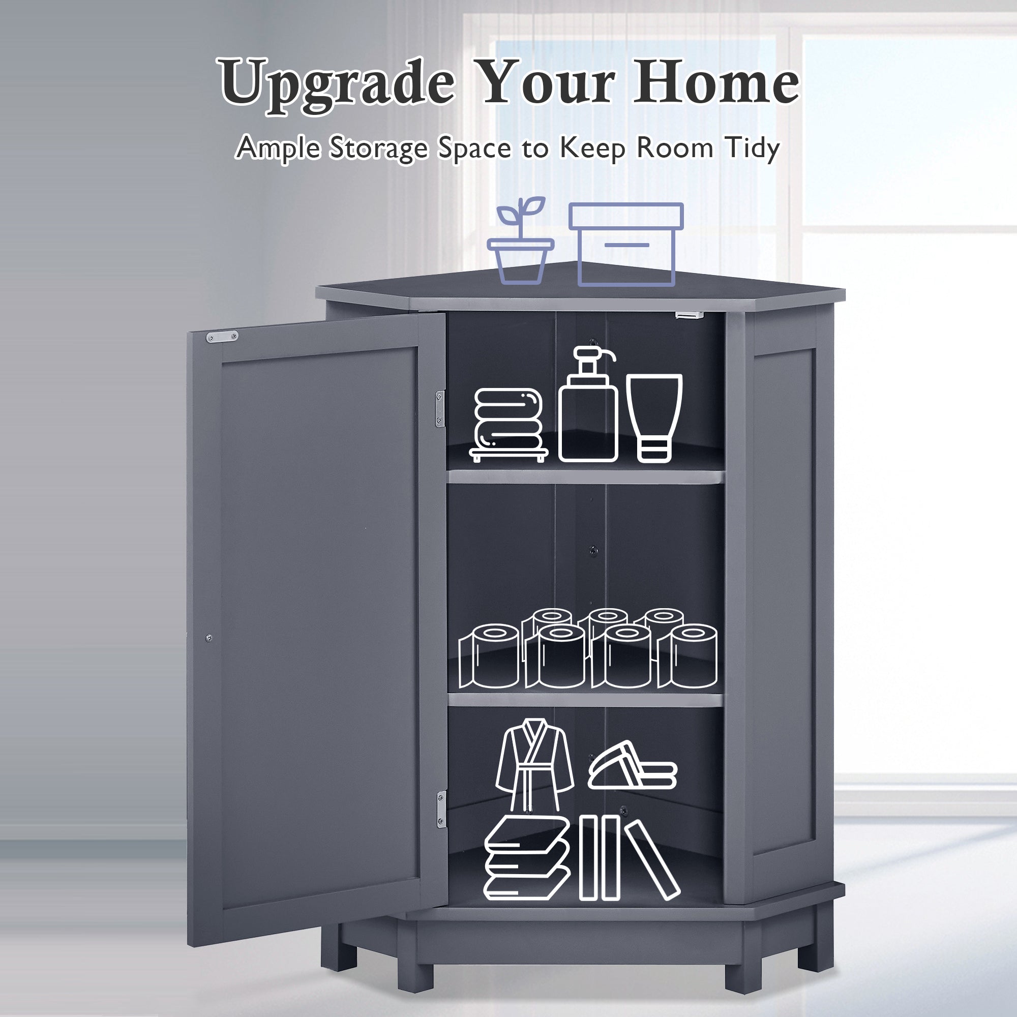 32" Freestanding Triangle Corner Bathroom Storage Cabinet with Doors and Adjustable Shelves