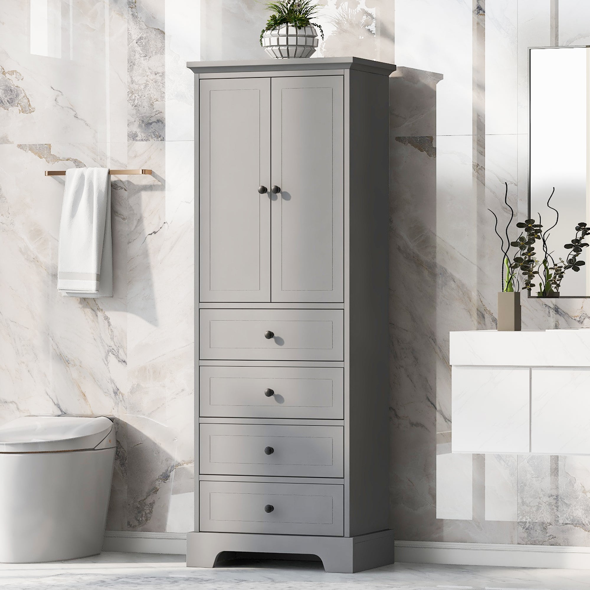 24 in. W x 68 in. H MDF Bathroom Storage Cabinet with Two Doors and Four Drawers
