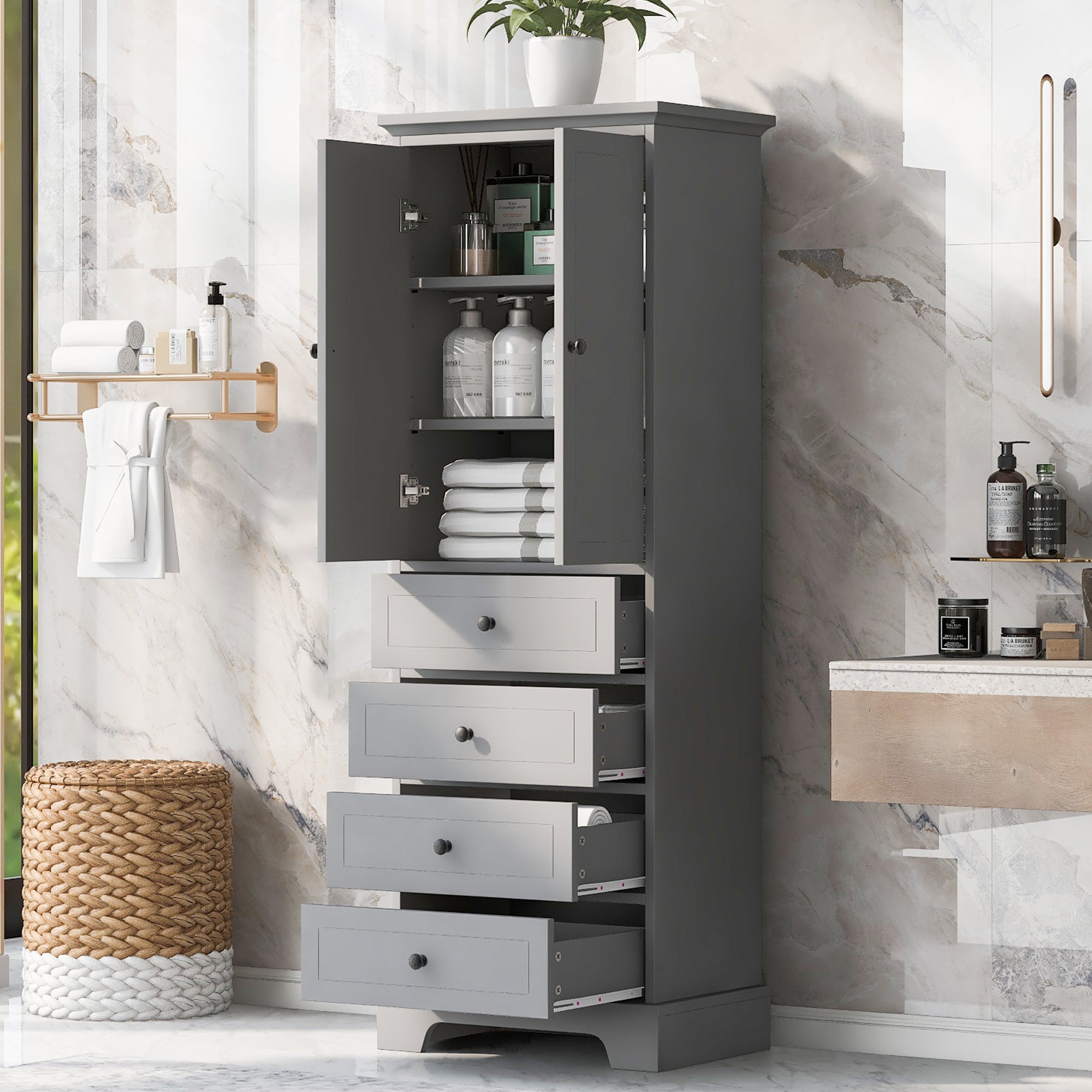 24 in. W x 68 in. H MDF Bathroom Storage Cabinet with Two Doors and Four Drawers