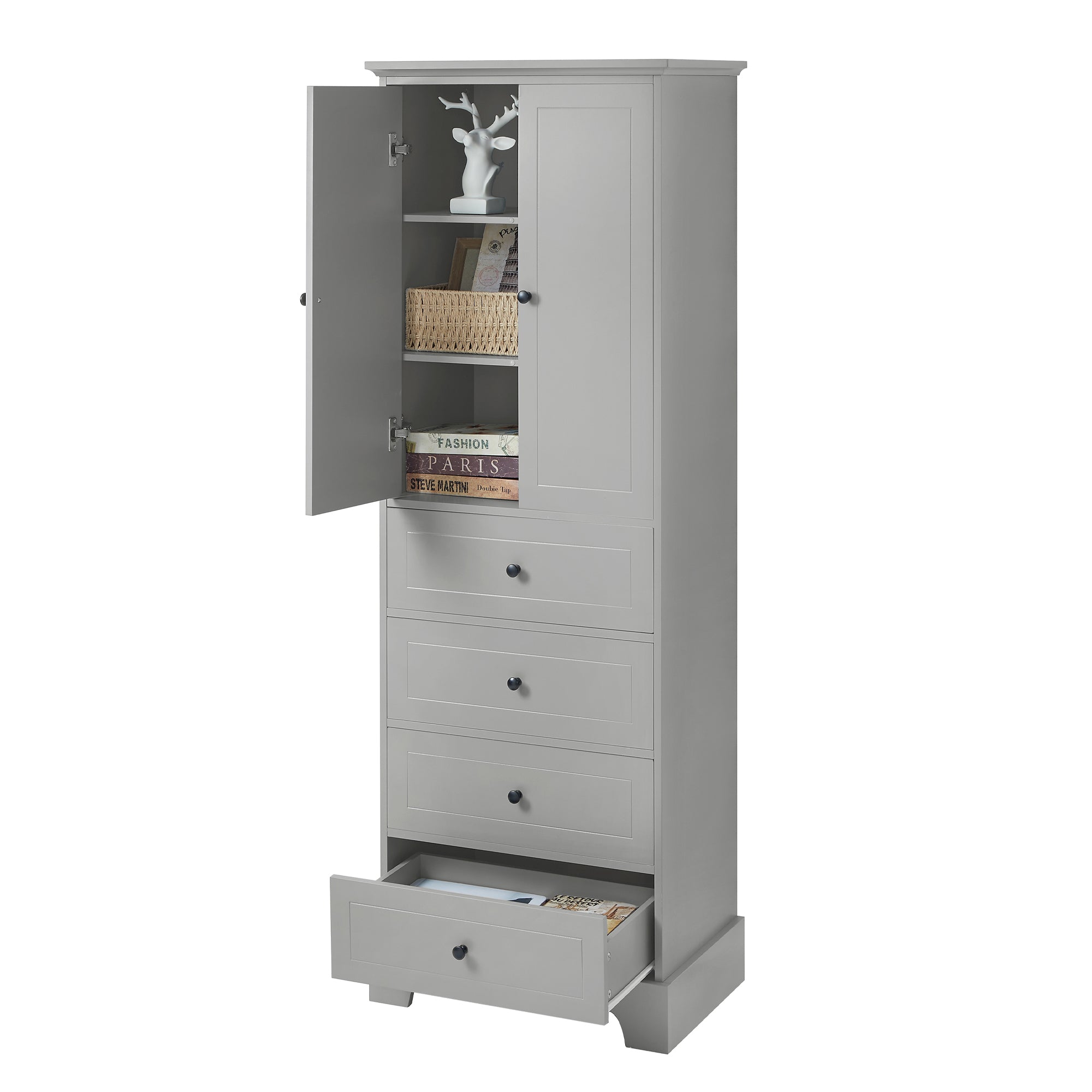 24 in. W x 68 in. H MDF Bathroom Storage Cabinet with Two Doors and Four Drawers