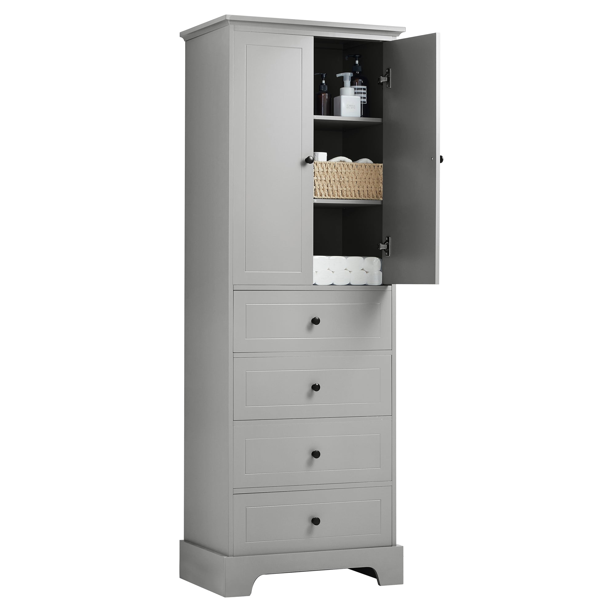 24 in. W x 68 in. H MDF Bathroom Storage Cabinet with Two Doors and Four Drawers