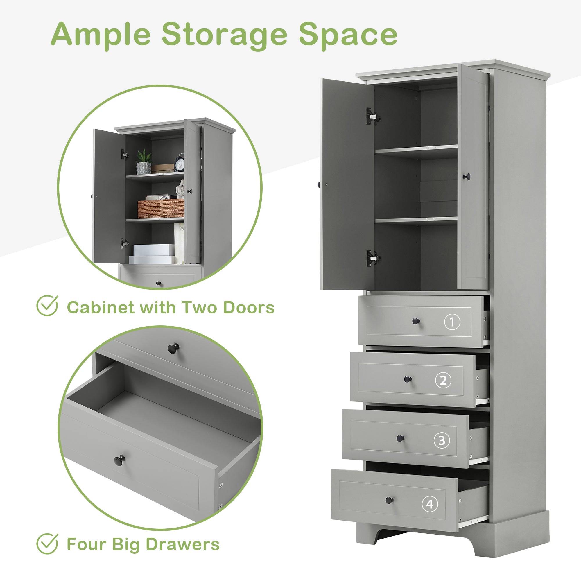 24 in. W x 68 in. H MDF Bathroom Storage Cabinet with Two Doors and Four Drawers