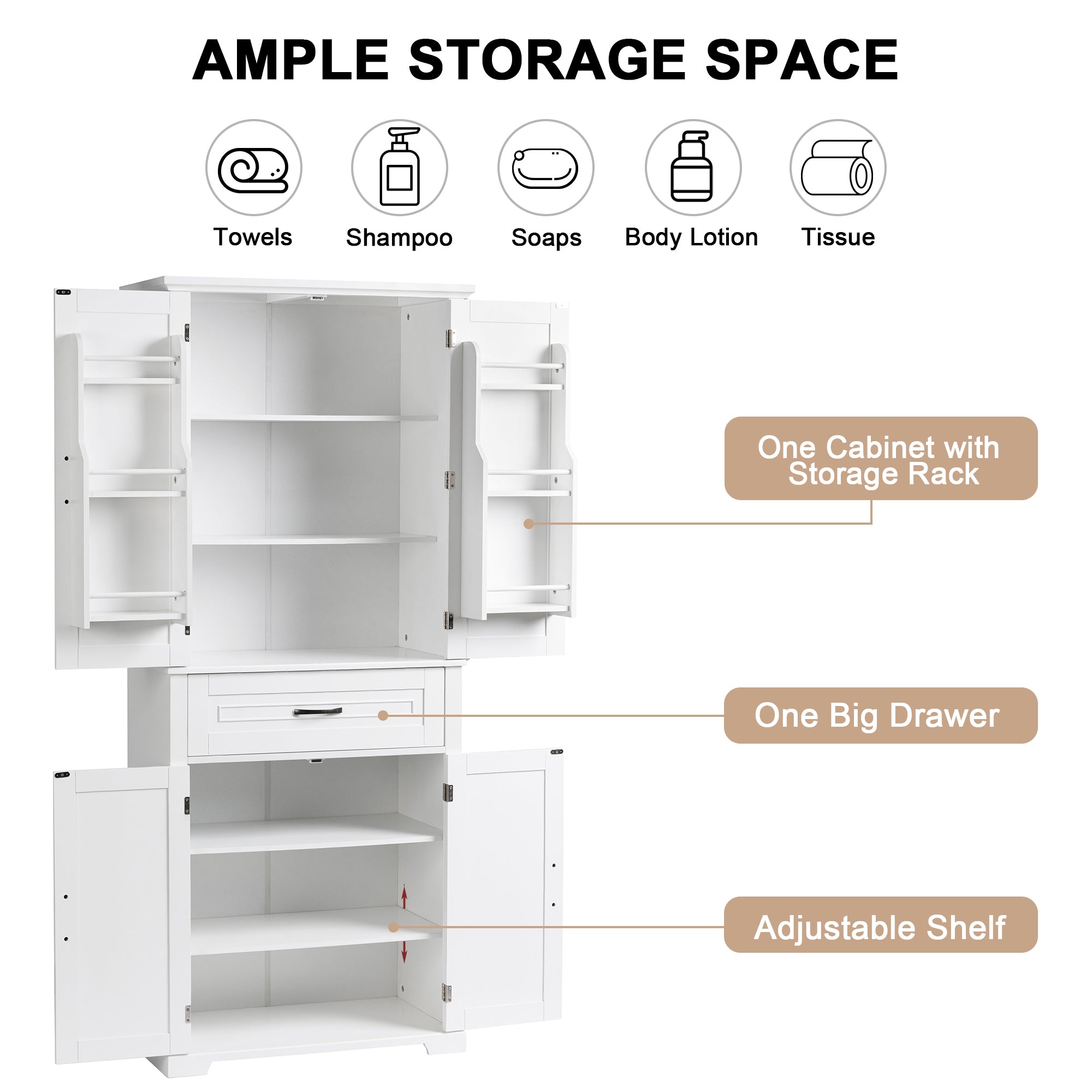30 in. W x 72 in. H Freestanding Bathroom Cabinet in White with Adjustable Shelf and Drawer