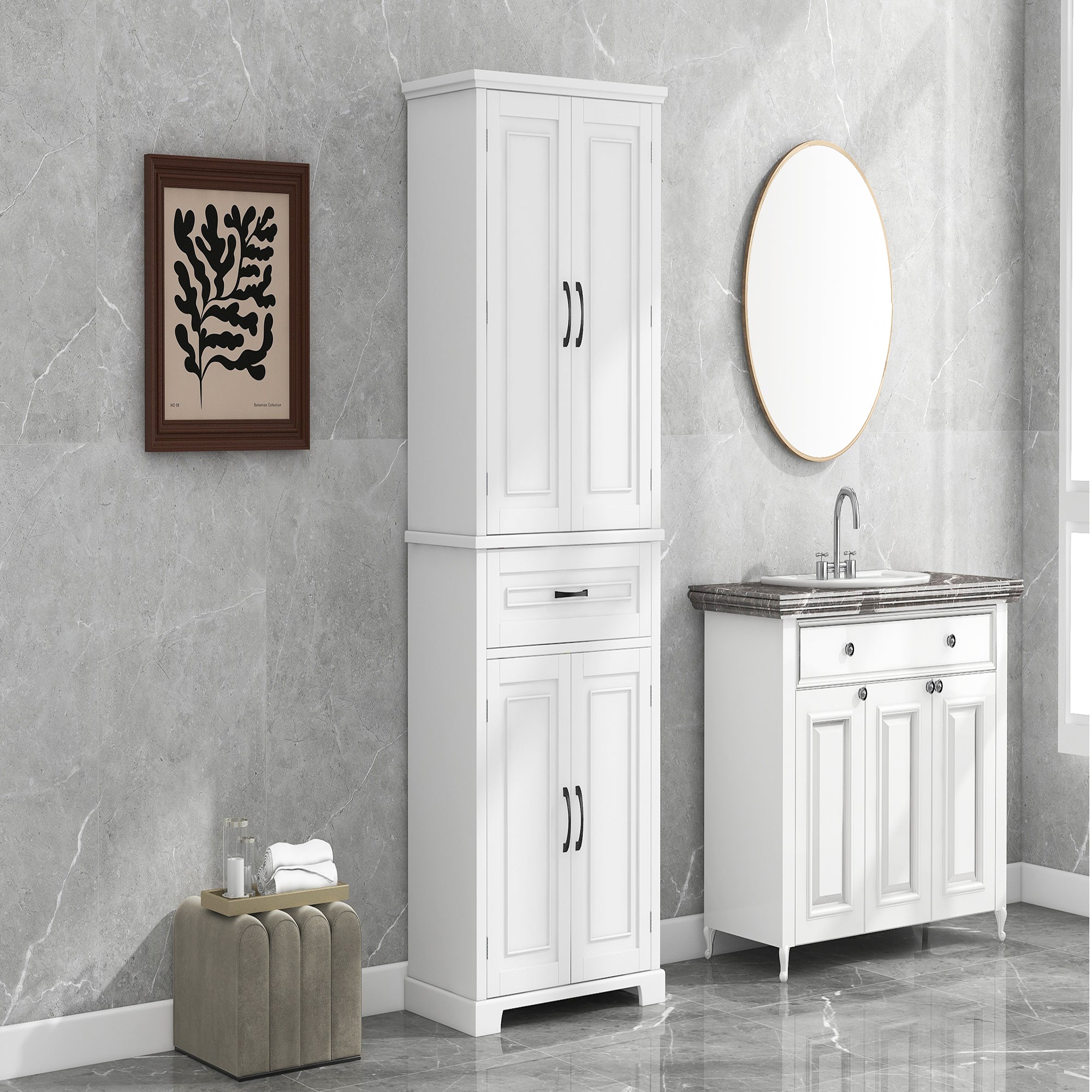 30 in. W x 72 in. H Freestanding Bathroom Cabinet in White with Adjustable Shelf and Drawer