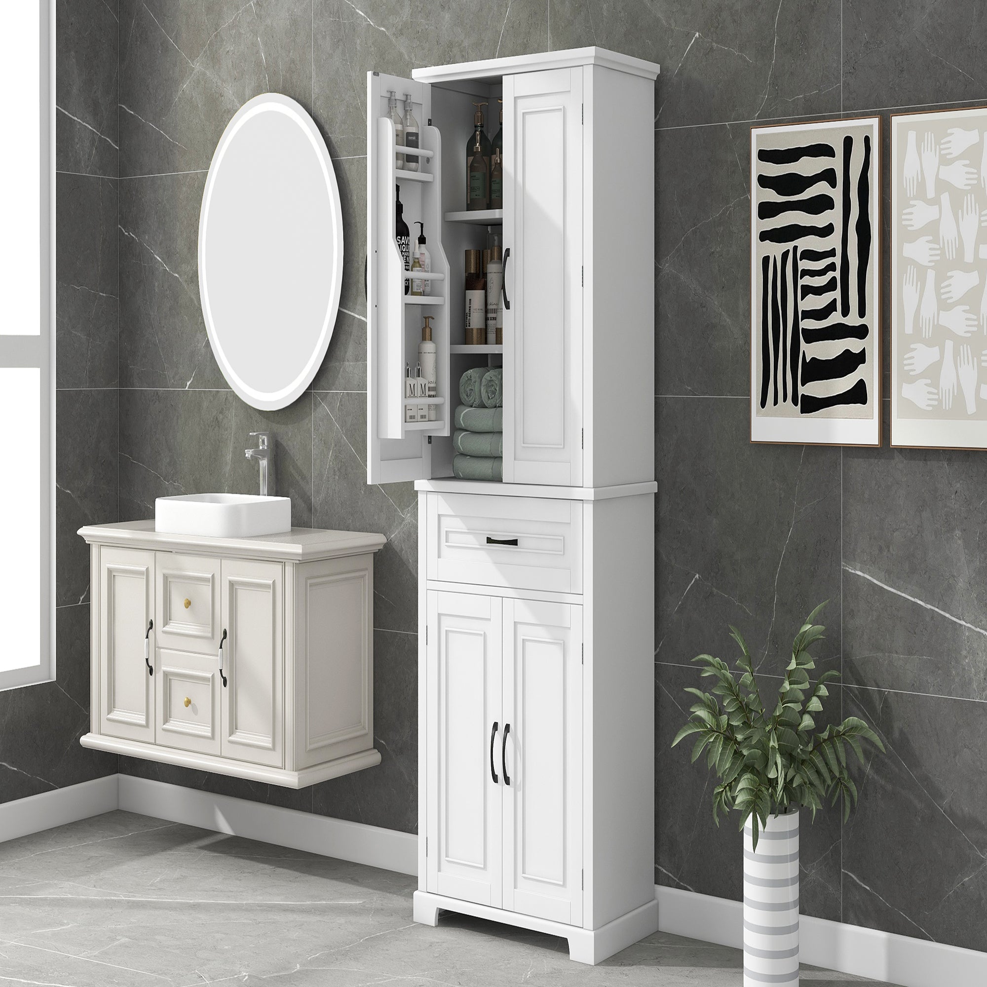 30 in. W x 72 in. H Freestanding Bathroom Cabinet in White with Adjustable Shelf and Drawer