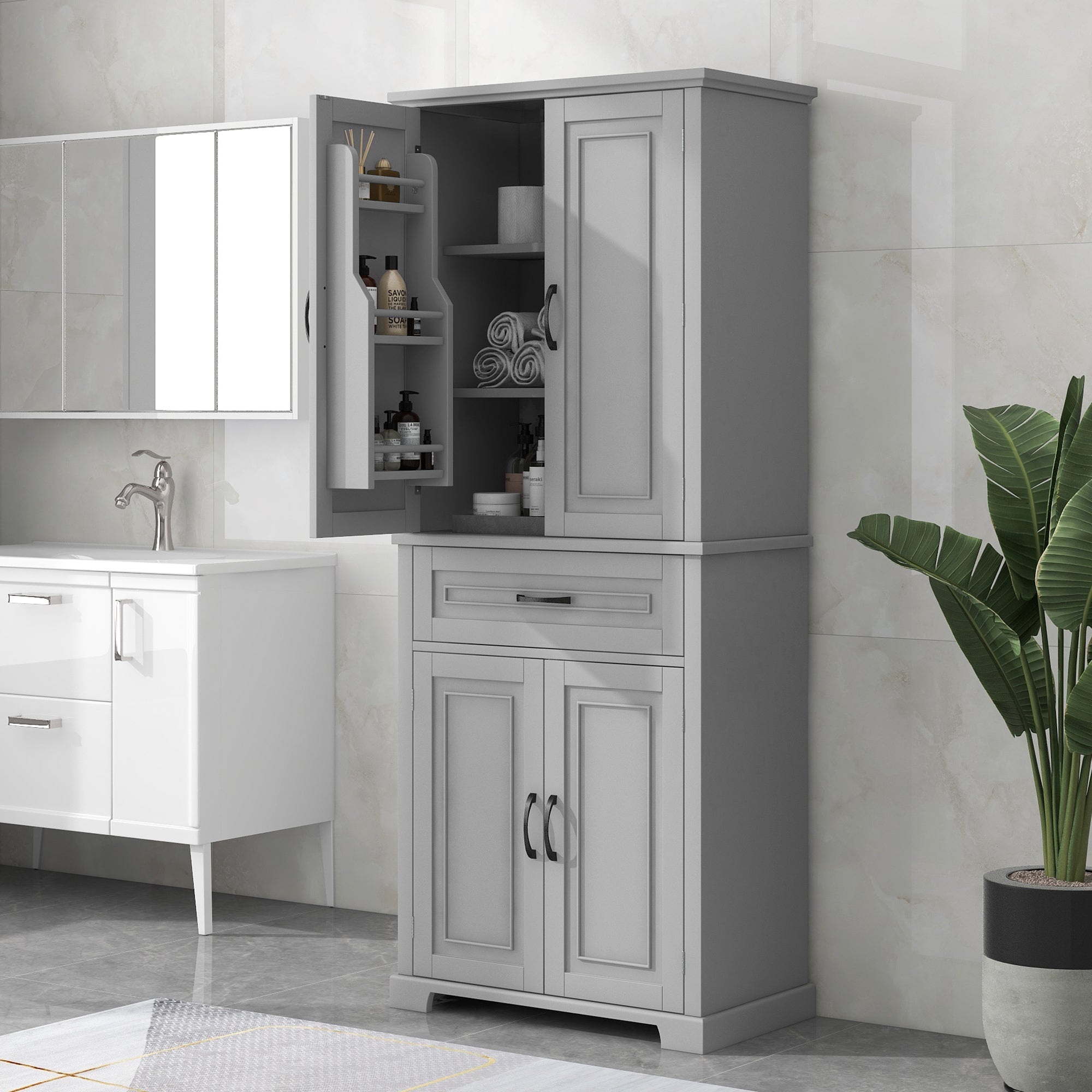 30 in. W x 72 in. H Freestanding Bathroom Cabinet in White with Adjustable Shelf and Drawer