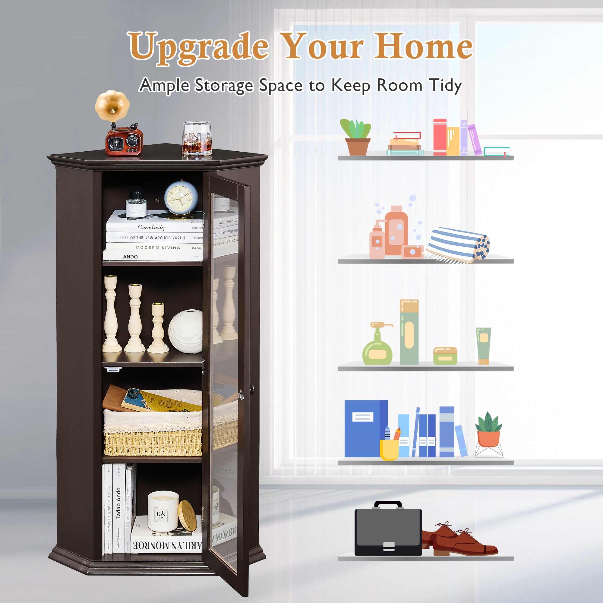 42" Tall Wood 1-door Bathroom Cabinet in White with Removable Shelf