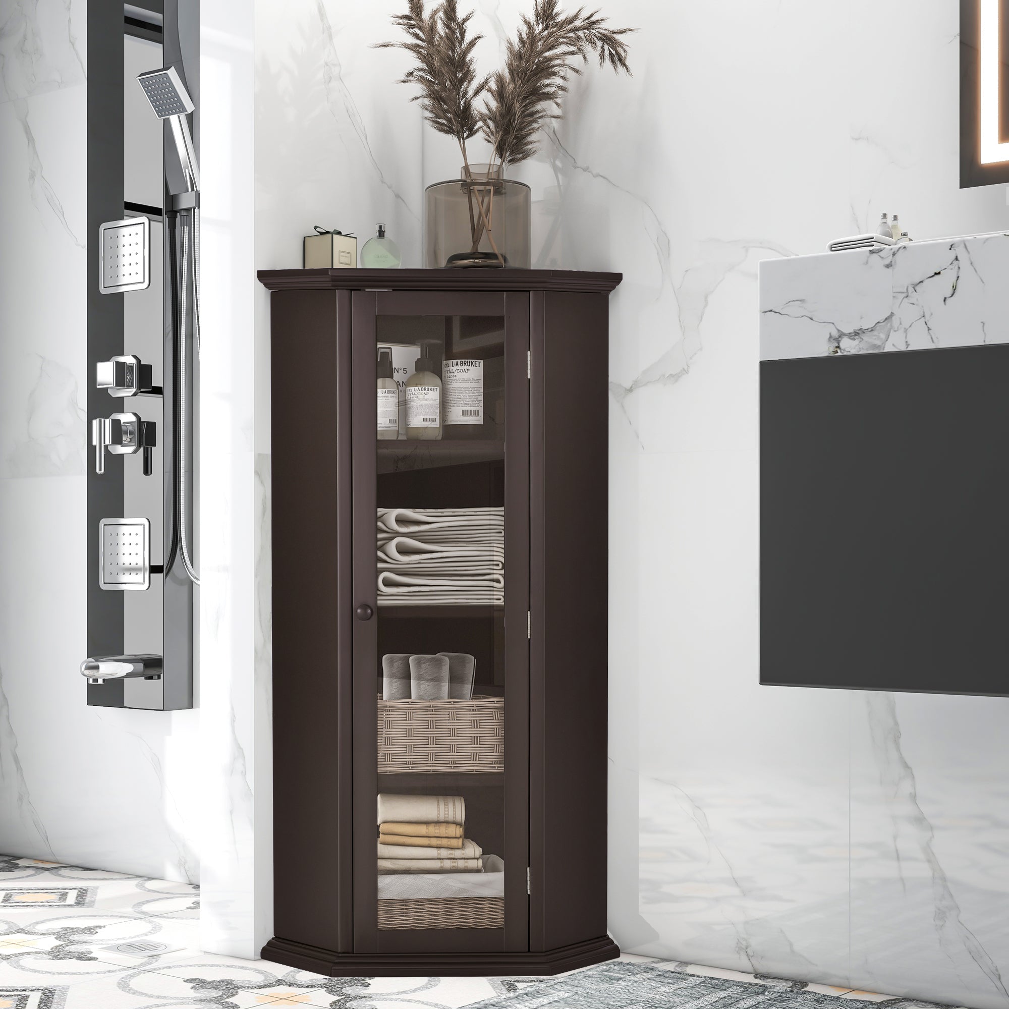 42" Tall Wood 1-door Bathroom Cabinet in White with Removable Shelf