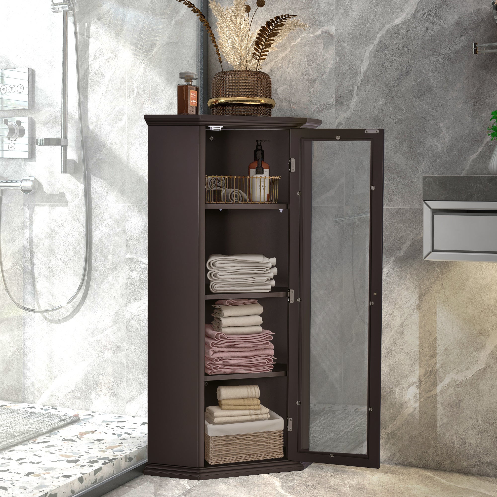 42" Tall Wood 1-door Bathroom Cabinet in White with Removable Shelf