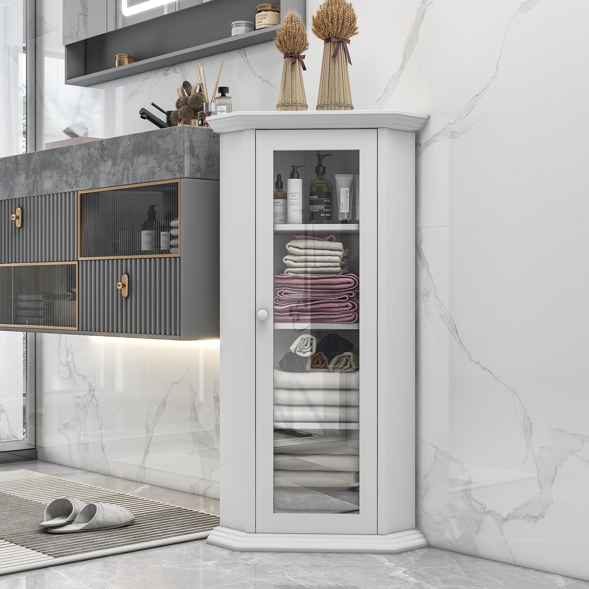 42" Tall Wood 1-door Bathroom Cabinet in White with Removable Shelf