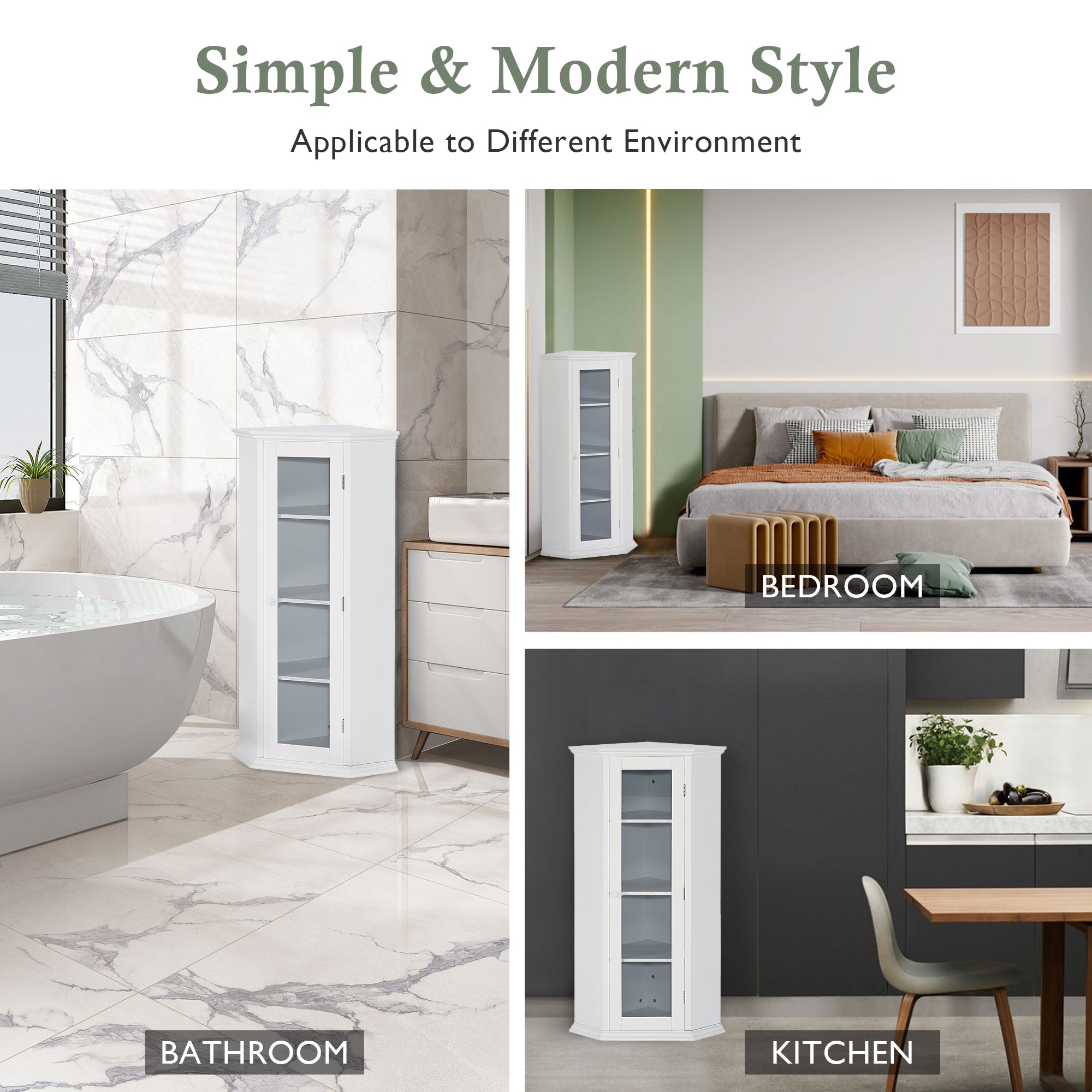42" Tall Wood 1-door Bathroom Cabinet in White with Removable Shelf
